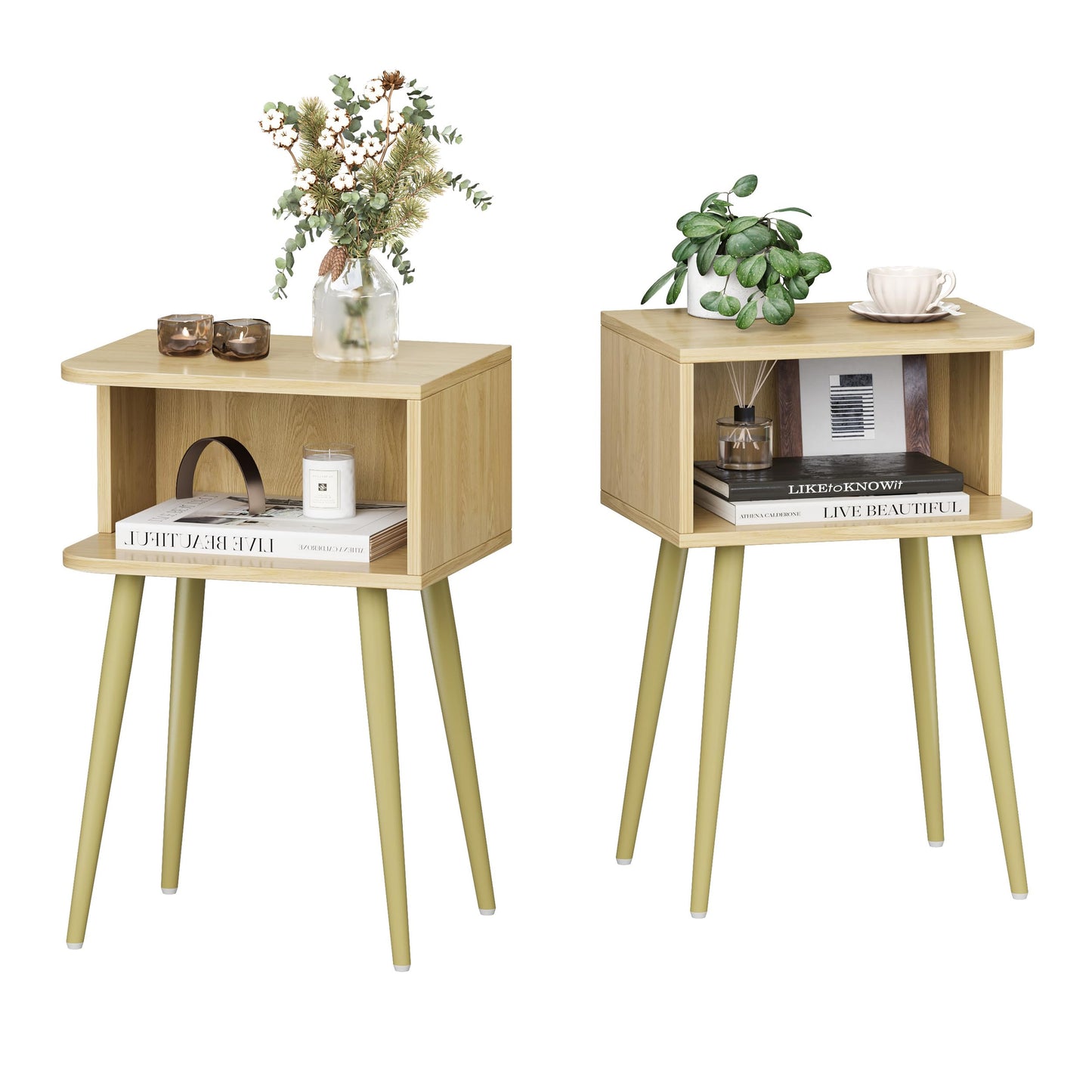 Natural Nightstand Set of 2, Small Bed Side Table for Small Spaces, Mid Century Modern Nightstand End Table with Open Storage, Side Table for Bedroom Living Room, MLBZ20Y-2