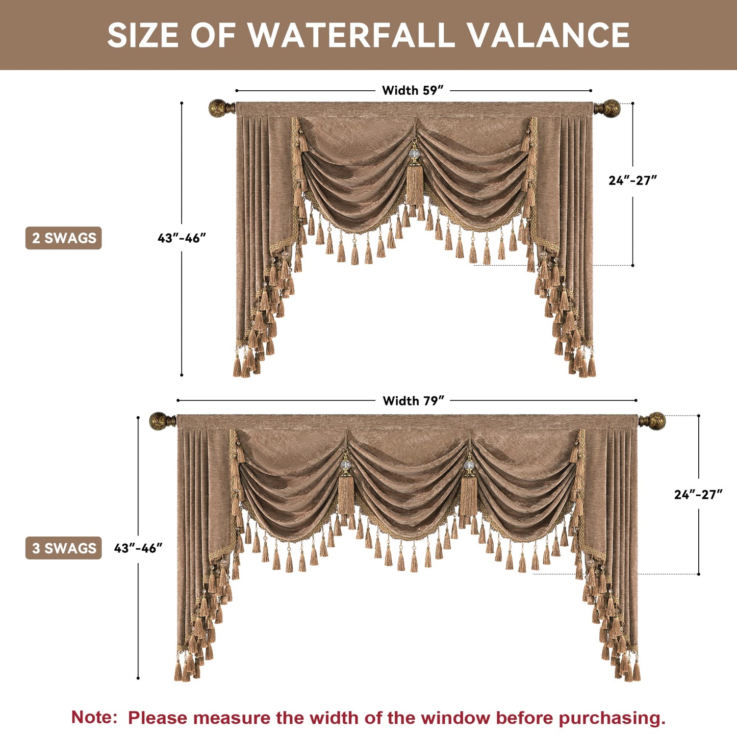 Loom and Mill Thick Chenille Waterfall Valance for Living Room, Luxury Swag Valances with Multi-Tassels & Pendants, Coffee Swag Curtains for Bedroom Kitchen Dining Room Window Decor(W79Inch,1 Panel)