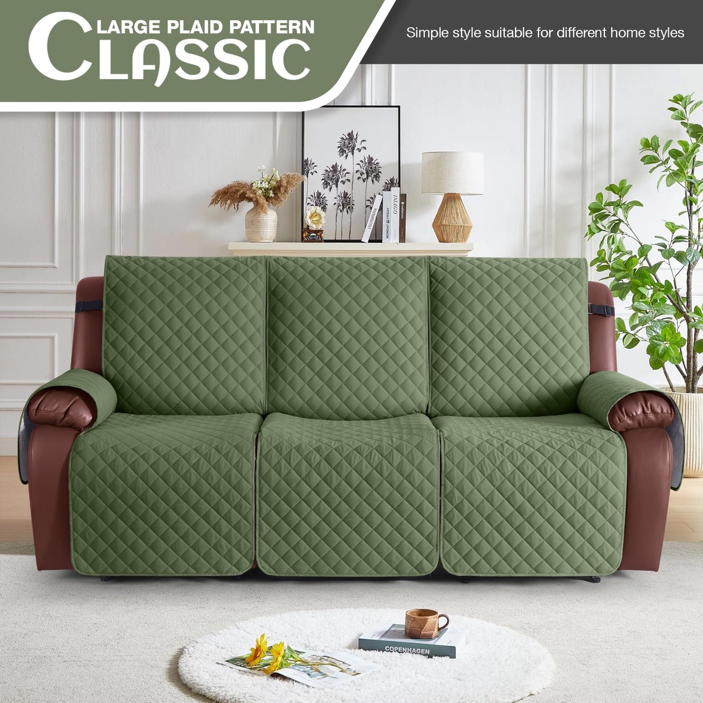 KinCam Waterproof Recliner Sofa Cover, Non-Slip Reclining Couch Covers for 3 Seat, Recliner Couch Cover Furniture Protector with Elastic Straps for Pets, Kids, Cactus Green
