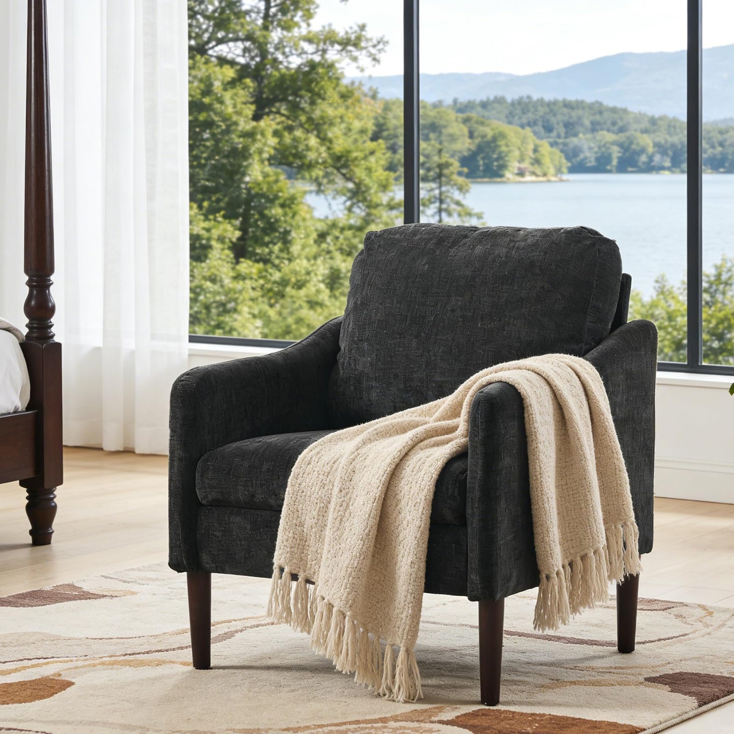 Mid-Century Modern Side Chair, Chenille Fabric Curved Armchair for Adults, Comfy Reading Chair, Modern Cloud Single Sofa Accent Chair for Bedroom, Living Room, Office & Waiting Room,Black