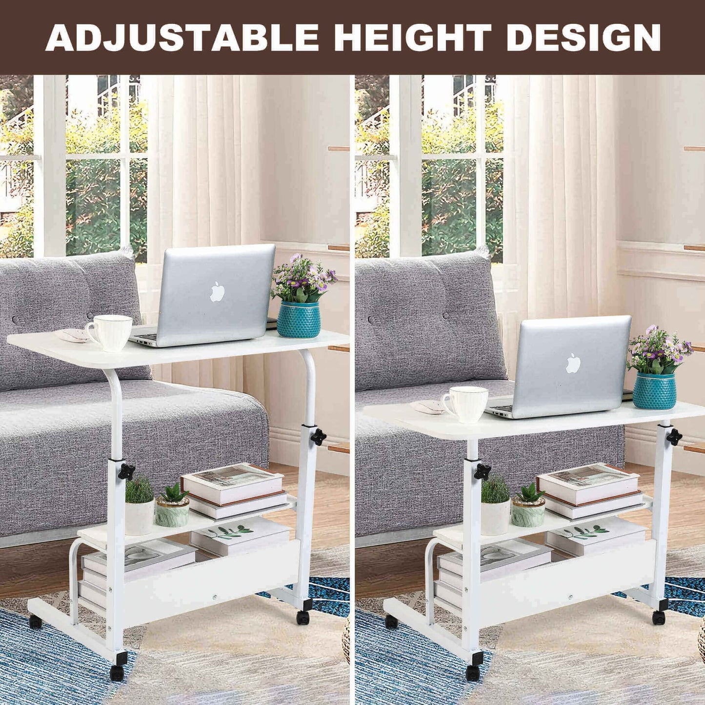 Fuwobriva Computer Desk Adjustable Home Office Bedside Small Spaces Storage Convenient Universal Movable Table Detachable Wheels Living Room Sofa Furniture Size 15.7 * 31.5 Inch,White