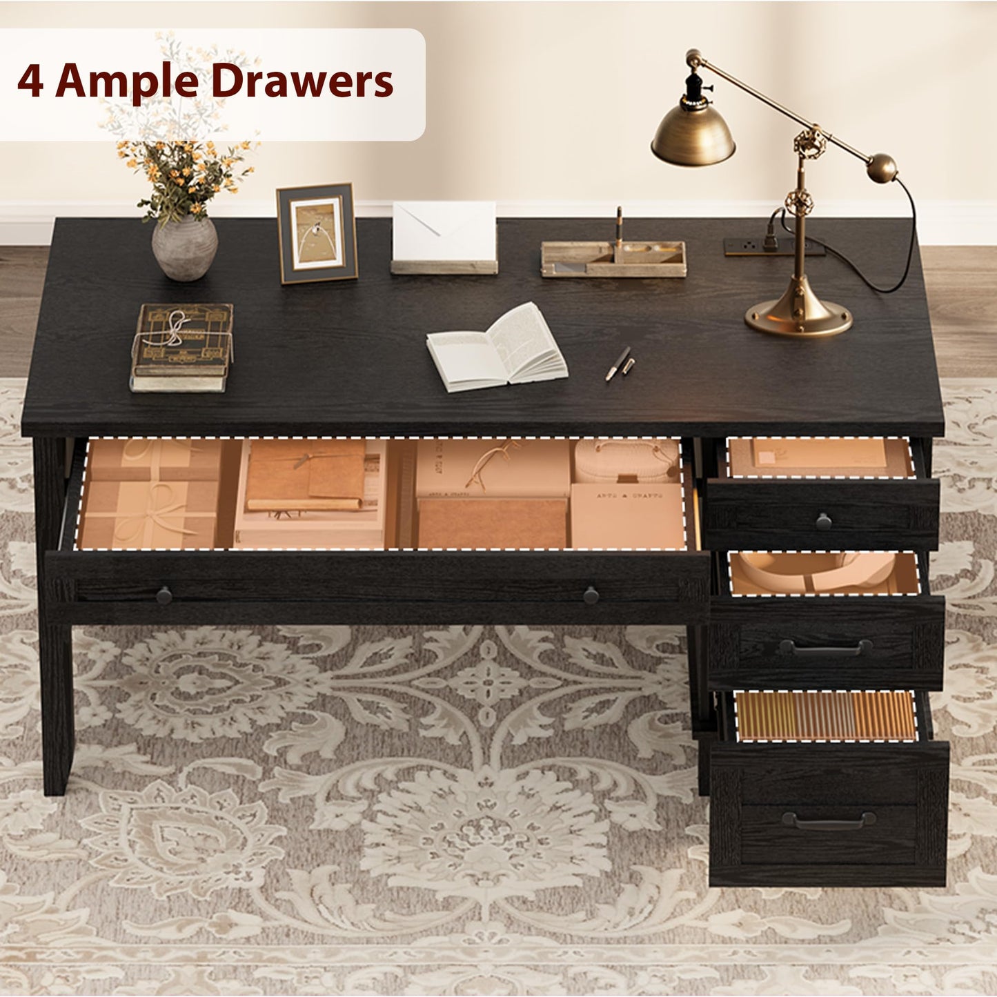 GAOMON 54.5in Wooden Executive Desk with Drawers, Office Desk Computer Table with Charging Station, Farmhouse Home Office Desk with File Cabinet Storage, for Study and Home Office, White Walunt