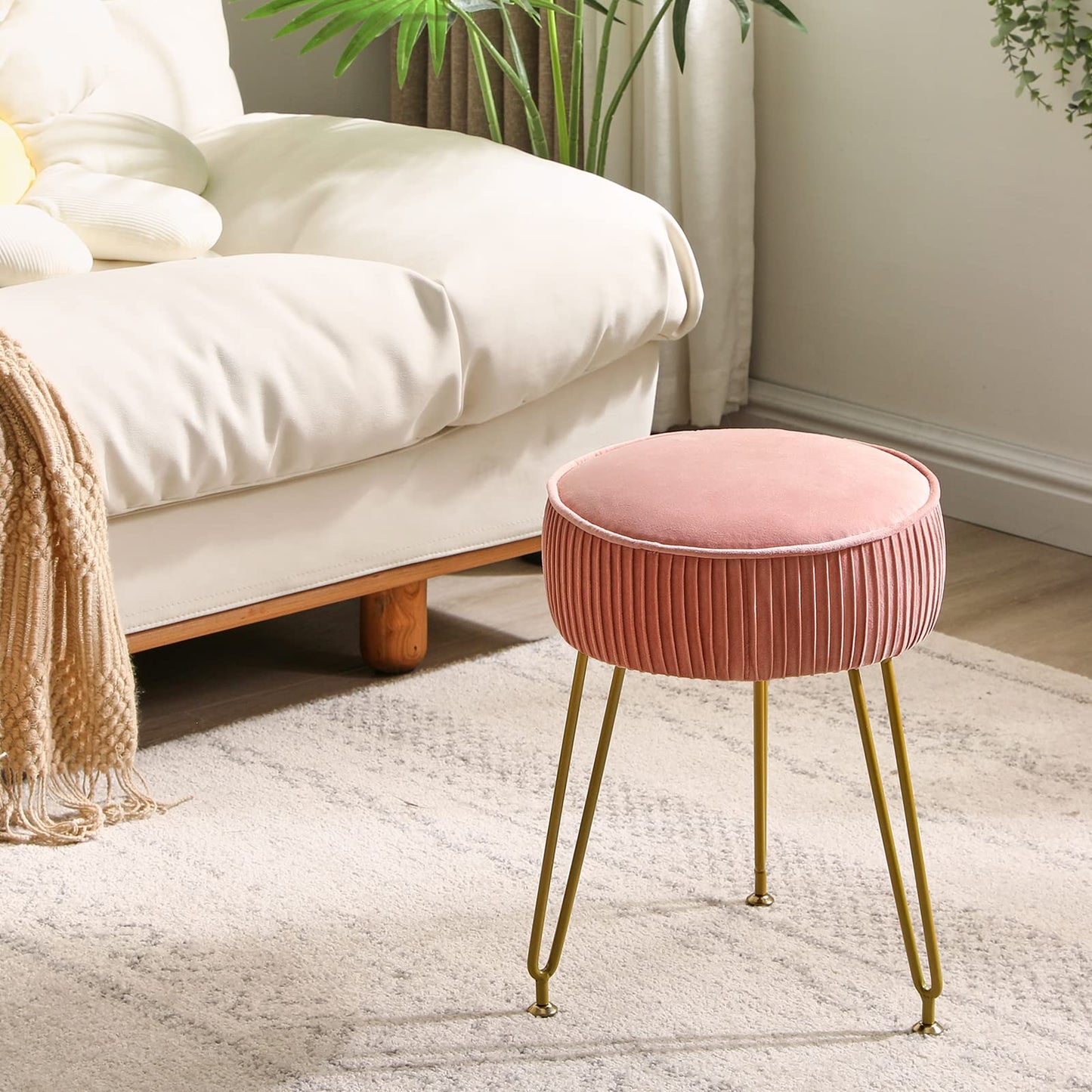 IBUYKE Velvet Vanity Stool Ottoman, Round Footrest Chair, Makeup Dressing Table Seat, Pouf Couch Stool, for Living Room, Golden Steel Legs, Pink LG-30P