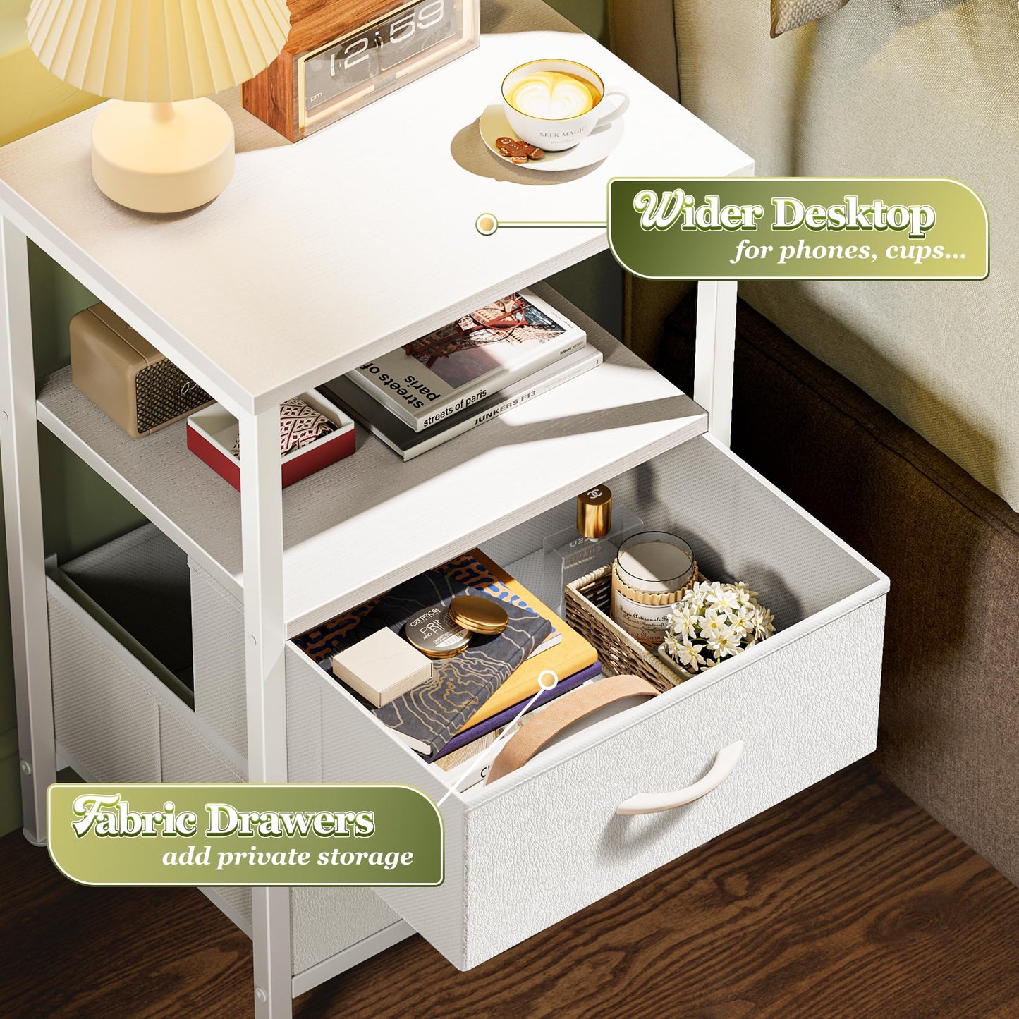 Huuger Night Stand Set of 2, Nightstand with 2 Drawers, Bed Side Table with Open Shelf, Wooden Top, End Table, PU Leather Fabric Drawer Surface, for Bedroom, White