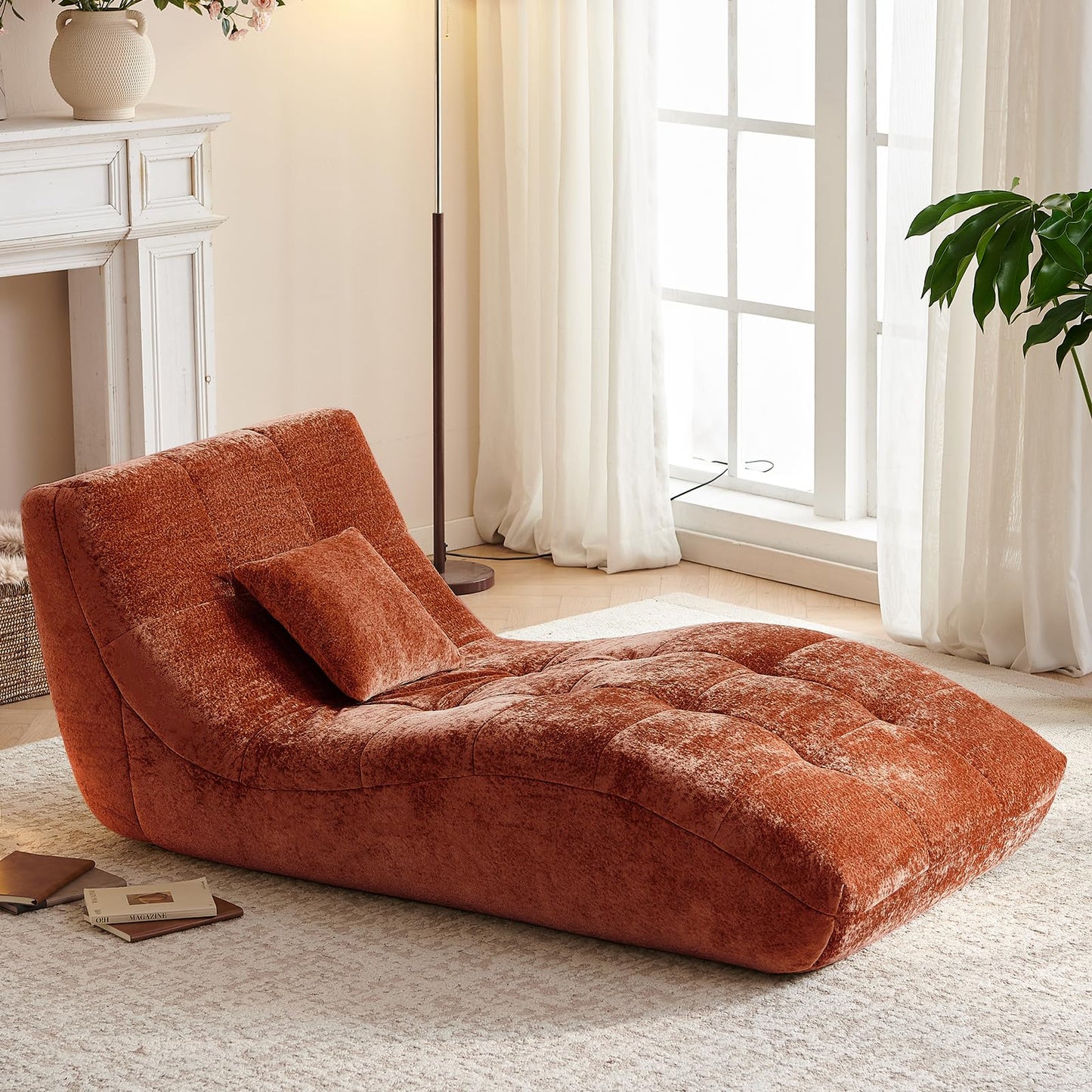 Huadeo Chaise Lounge Chair with Curved Back, Modern Upholstered Recliner Sofa, Tufted Accent Lounger Comfortable Lazy Chair for Bedroom, Apartment (Orange)