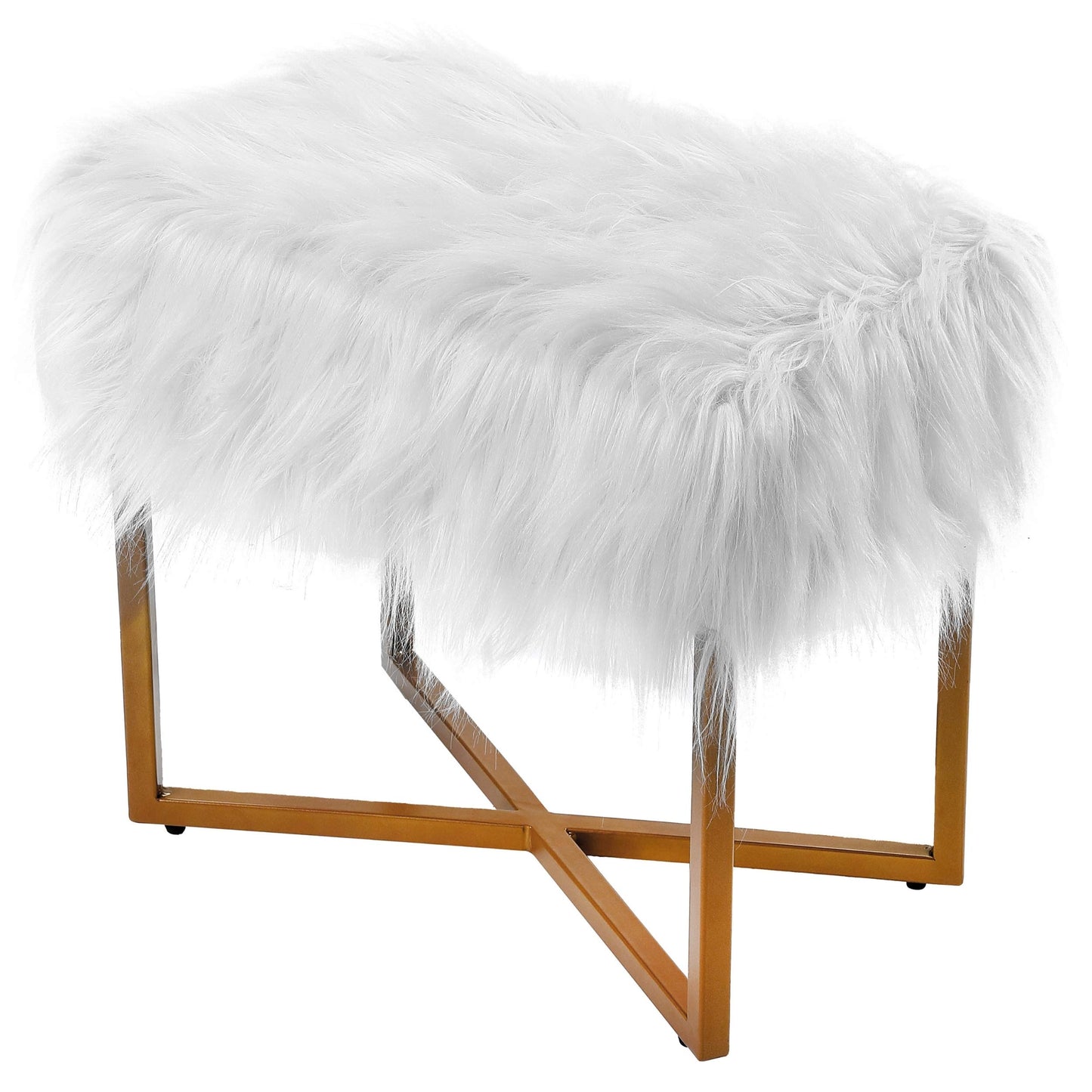 BIRDROCK HOME Rectangular Faux Fur Vanity Foot Stool Ottoman with Metal Legs - Small Soft Padded and Fluffy Makeup Seat or Foot Rest for Bedroom, Desk, or Dressing Table (White and Pale Gold)