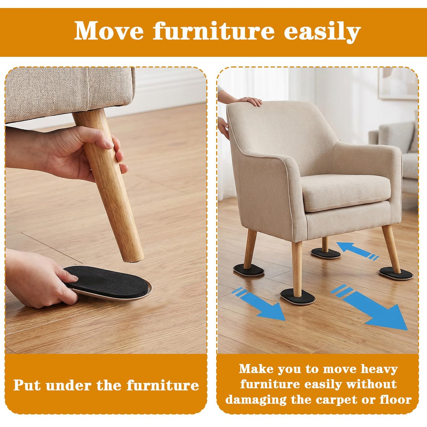 16pcs Oval Furniture Sliders, 6" x 3-1/2" Heavy-Duty Reusable Movers for Carpet & Hardwood Floors - Effortlessly Move & Protect Sofas, Tables, Cabinets