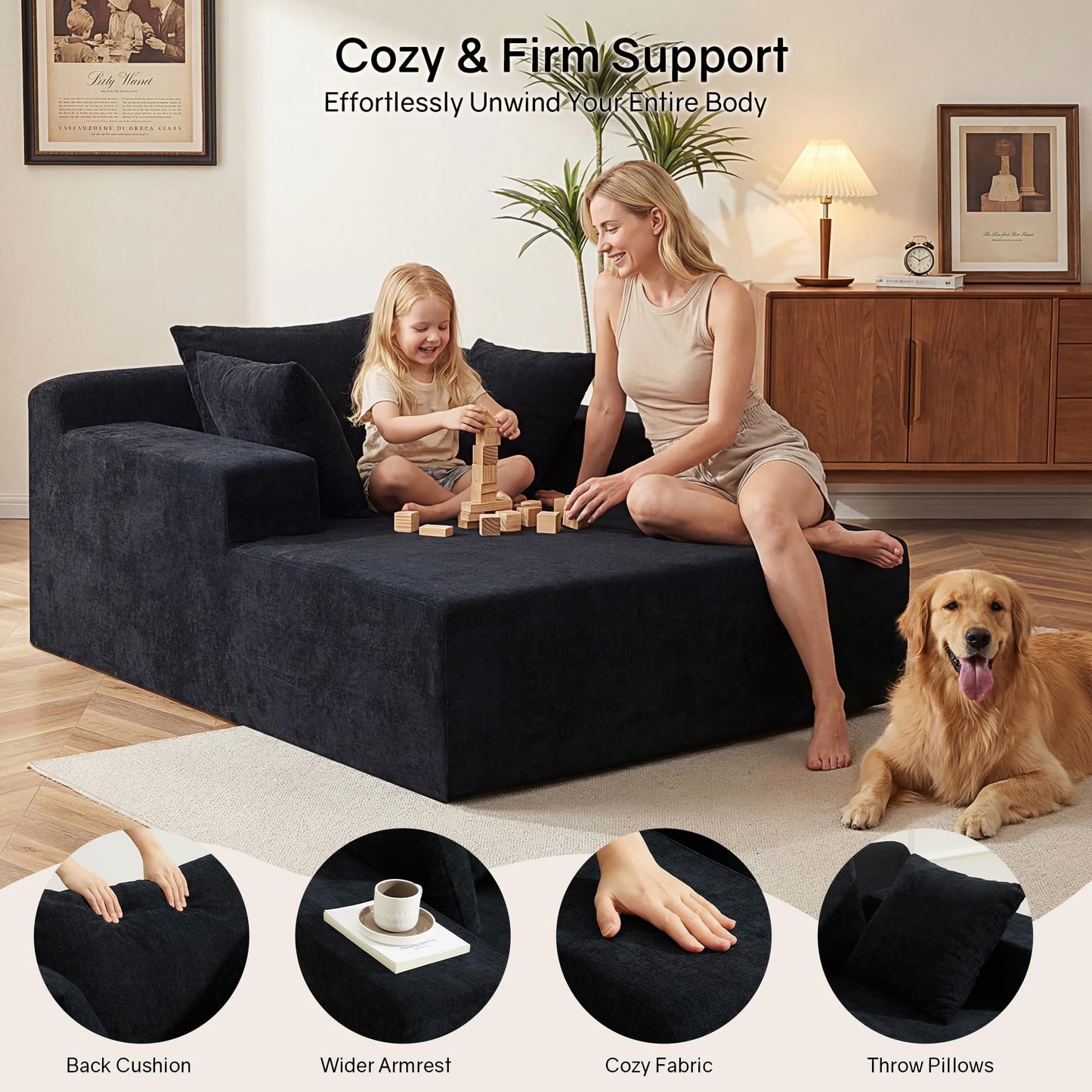 66" Chaise Lounge Chair Indoor, Oversized Boneless Lounge Chair with 3 Pillows, Chenille Cloud Reading Chair for Living Room Bedroom, Deep Seat Sleeper Couch, No Assembly Required