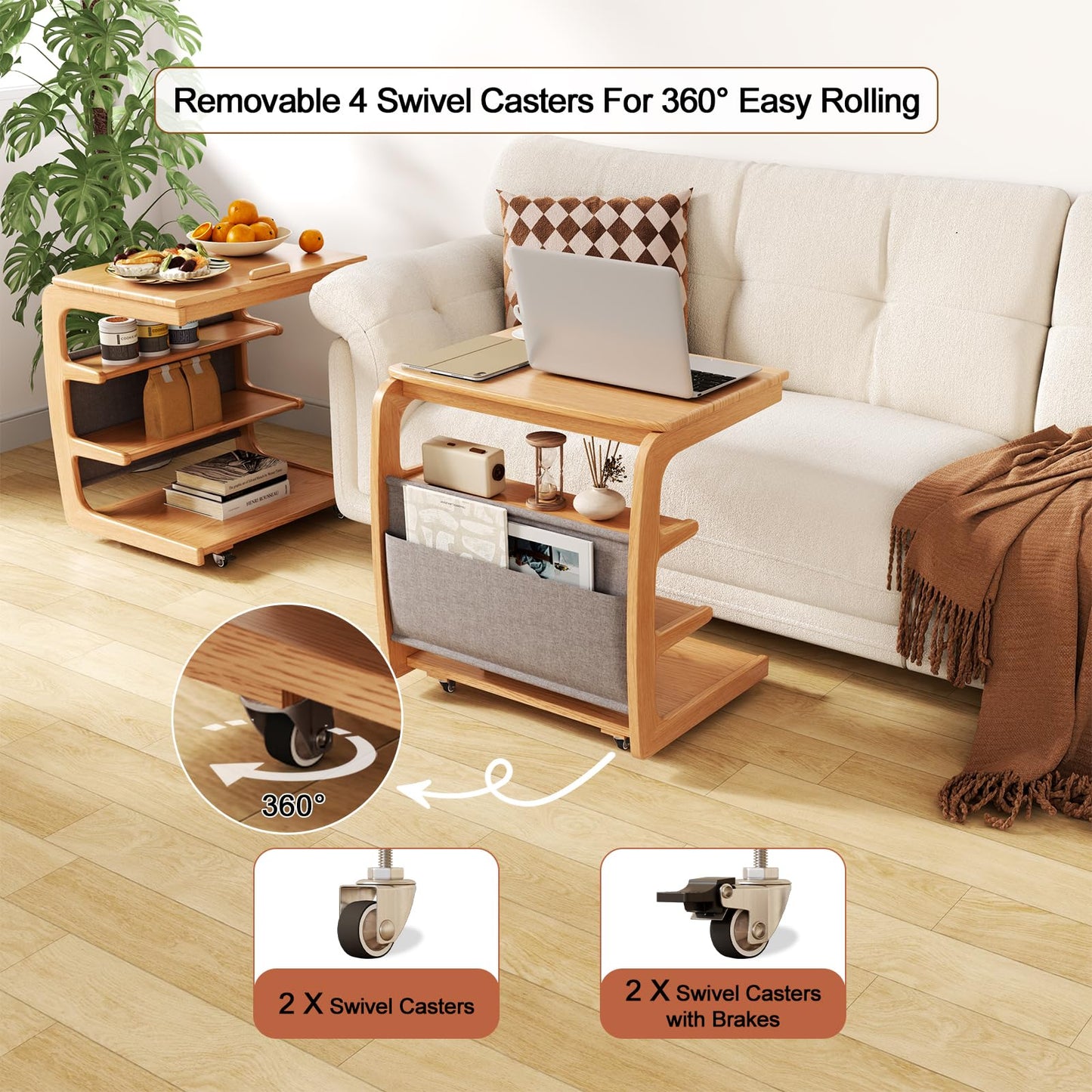AQIMUELE Rolling Side Table, C Shaped End Table, C Table with 4 Wheels Solid Wood Small Rolling Desk with Adjustable Desktop,C Shaped End Table for Couch,Home Office(15.6" D x 23.6" W x 24.3" H)