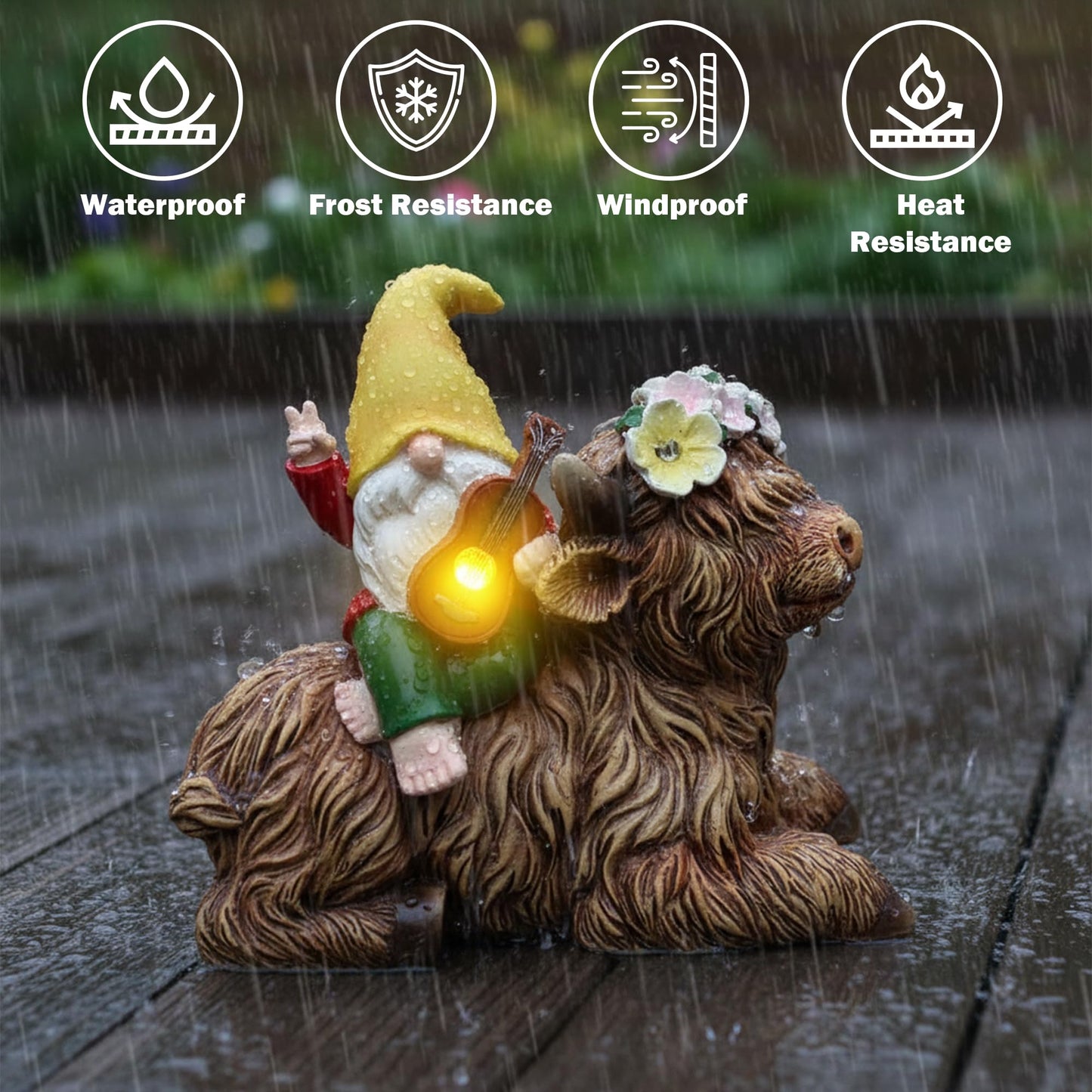 GudaAphrmix Spring Garden Paly The Violin Gnome Highland Cow Solar Statues, Summer Gnome Outdoor Resin Sculpture Decor for Home Table Patio Lawn Yard Porch Balcony, Housewarming