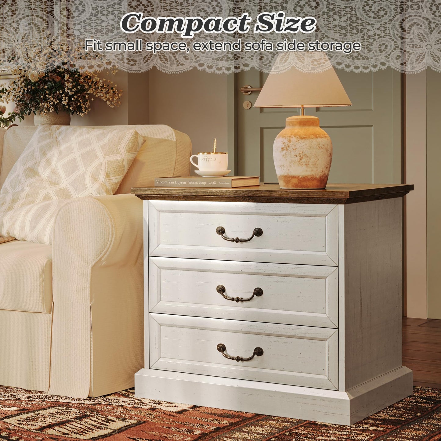 Huuger Nightstand with Charging Station, 3 Drawer Night Stand Set of 2, 22 Inch Wider Side Table with Storage, Farmhouse Nightstand with Vintage Handles, Thicken Base, for Bedroom, Distressed White