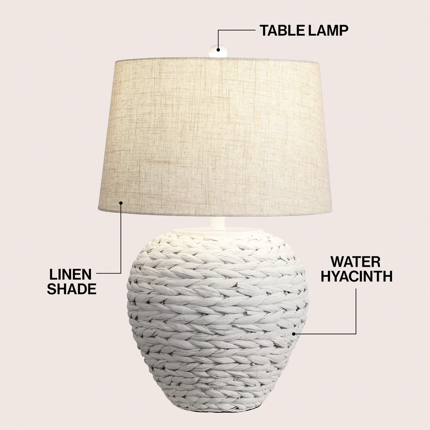 JONATHAN Y 24.5" White Water Hyacinth Farmhouse Basket Table Lamp, Coastal Decor for Living Room Bedroom Nightstand, Light Gray Linen Shade, LED Bulb Included (JYL6501C)