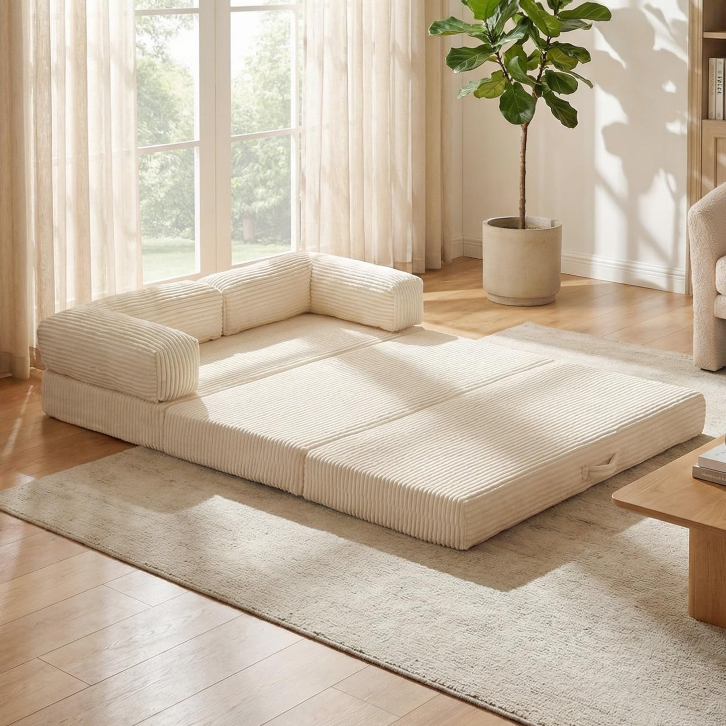 AOLVDOW Convertible Sofa Bed, Tri-Fold Foldable Mattress with Removable Arms & Washable Cover, Portable Mattress Futon Sofa Bed, No Assembly Required & Non-Slip, Queen Size, Beige