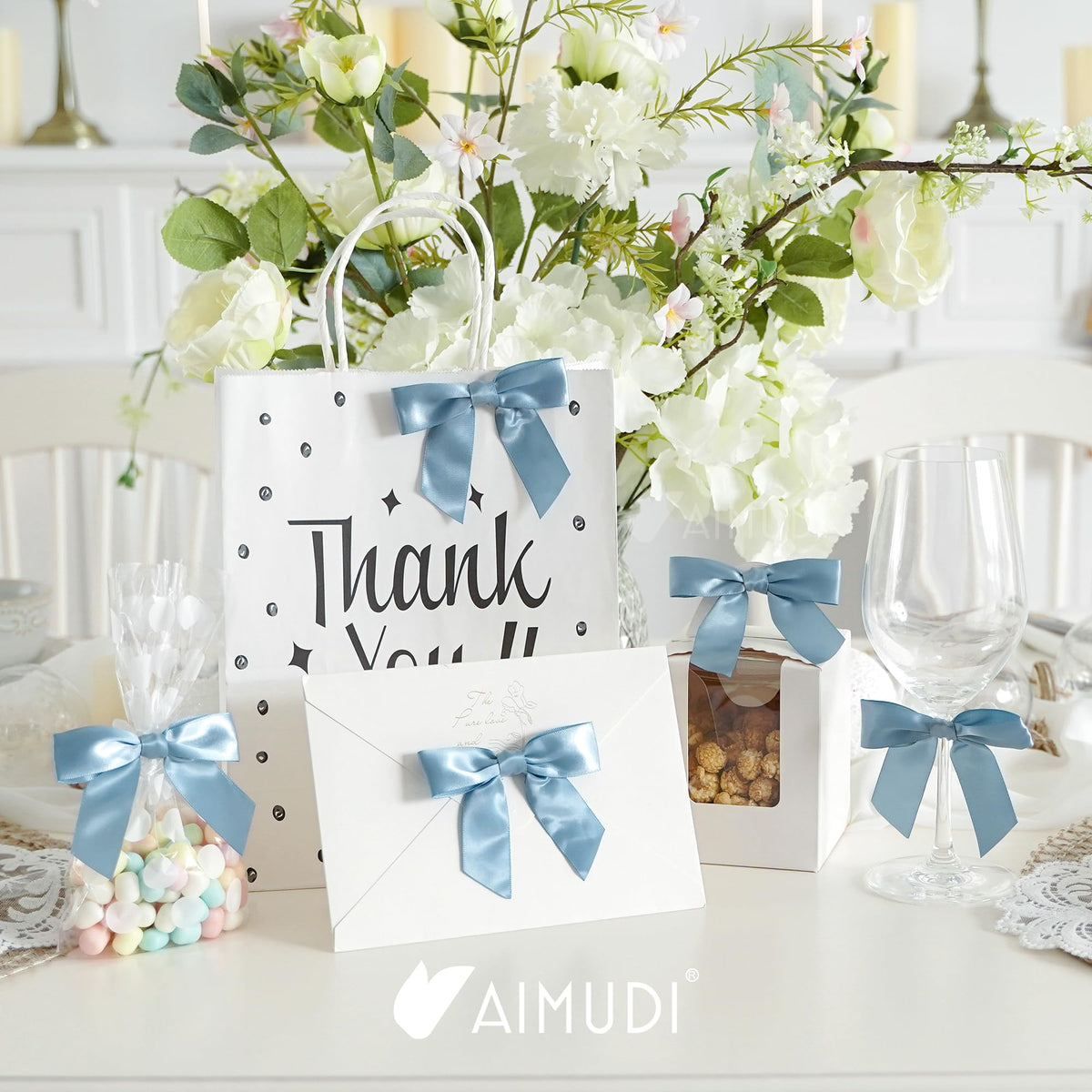 AIMUDI Dusty Blue Satin Ribbon Bows 3.5" Pre-Tied Twist Tie Bows for Treat Bags Gift Wrapping Cake Pop Goodie Bags Party Wedding Baby Shower Favor - 50 PCs