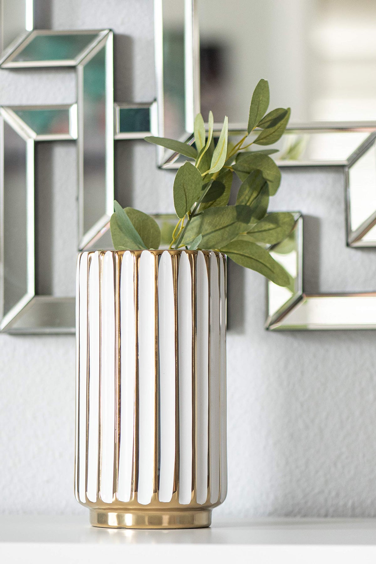 jupriverco White & Gold Vase-Elegant Home Decor-Flower Vase-Kitchen Centerpiece-Geometric Ridges-Beveled Bottom-Modern/Contemporary Design - Wedding Table Accent - Boho Pottery - Gold- H-8.27" D-4.74"