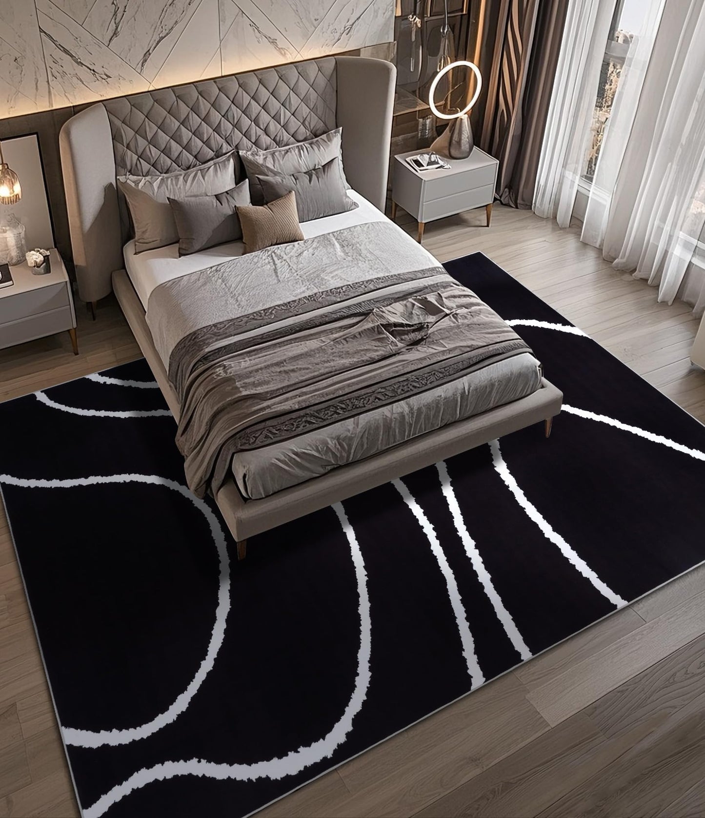 YIHOUSE Black Modern Area Rugs 9x12,Large Black and White Rugs for Living Room,Wave Washable Rug 9x12,Thin Abstract Geometric Rug,Minimalist Striped Rugs for Bedroom,Office