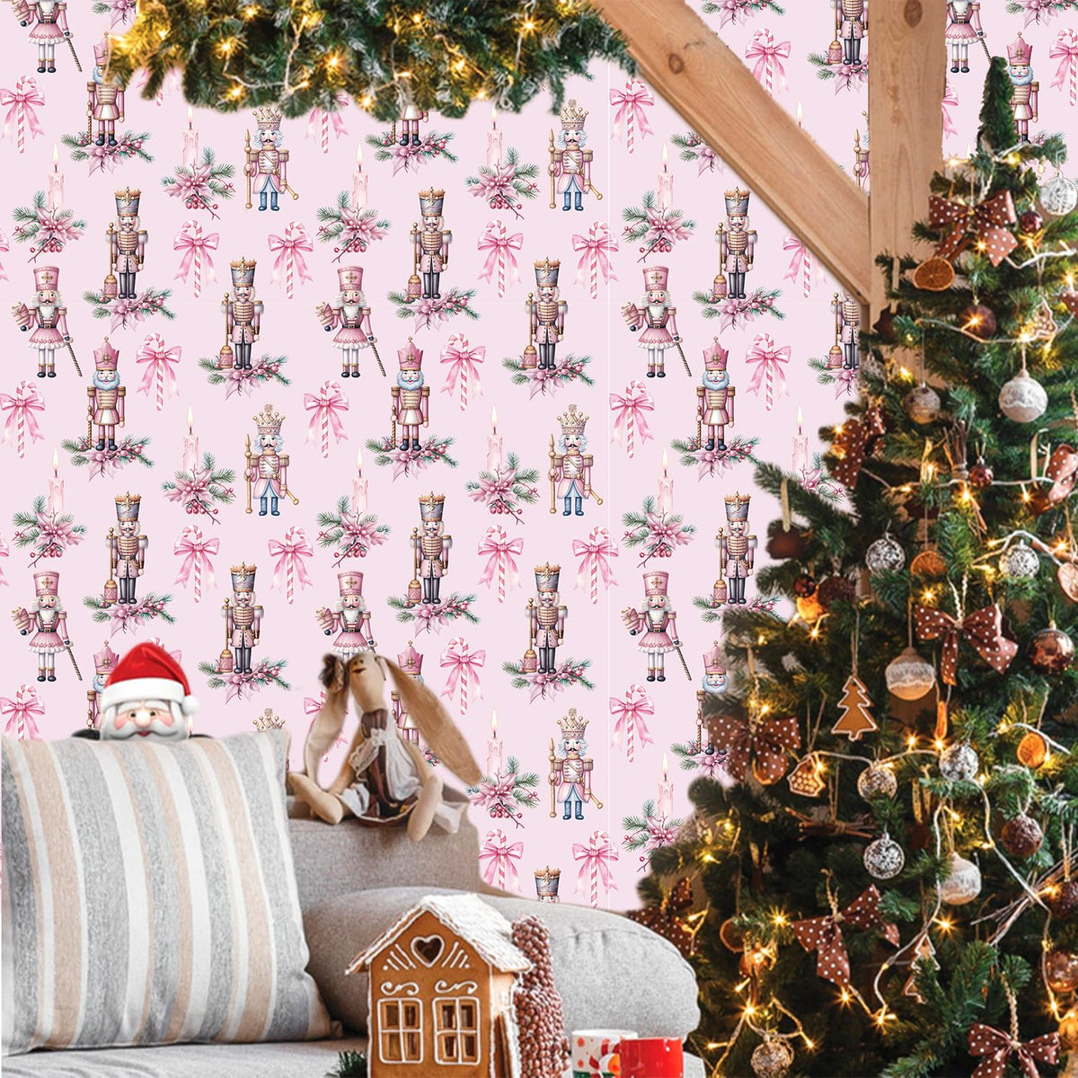 IARTTOP Pink Nutcrackers Wallpaper Peel and Stick Christmas Party Pink Contact Paper for Cabinets and Drawers Christmas Nutcracker Wallpaper Self-Adhesive for Xmas Holiday Home Decor(17.3"X118.1")