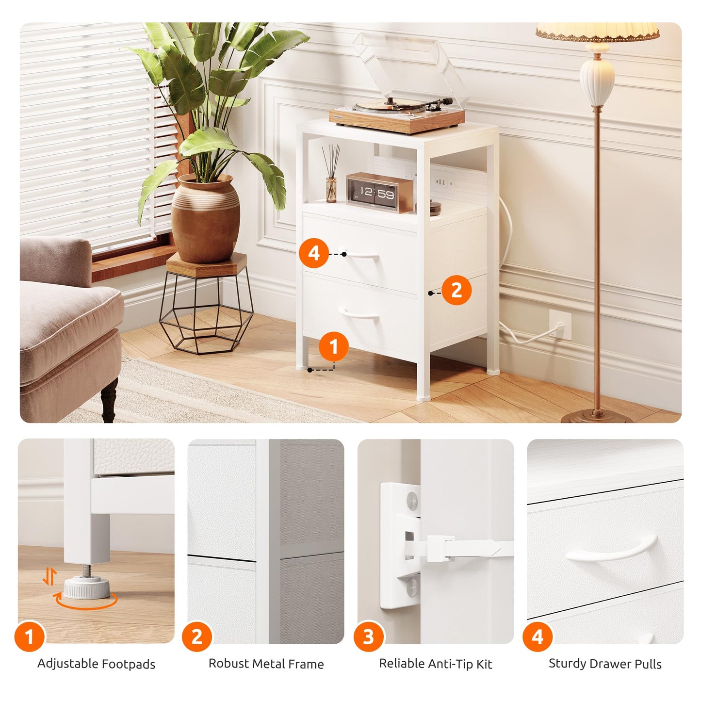 Lazzanto NightStand Bedside Charging Table Bedroom - Night Stand with Charger Station, White Modern Bed Side End Table with Open Shelf & 2 Fabric Drawers, USB-C Port & AC Outlets for Dorm, Living Room
