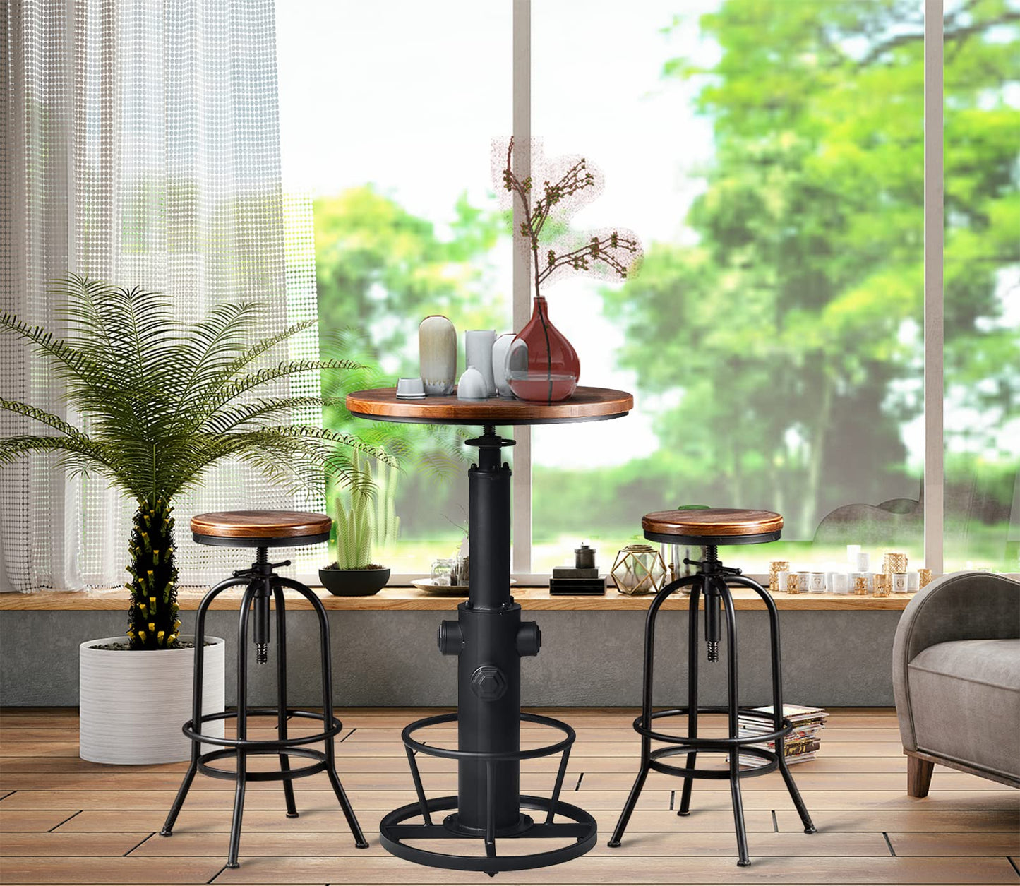 LOKKHAN Industrial Bar Table 38.6"-48.4" Height Adjustable Swivel Round Wood Tabletop 23.7" Dia, Kitchen Dining Office Coffee Bistro Pub Table