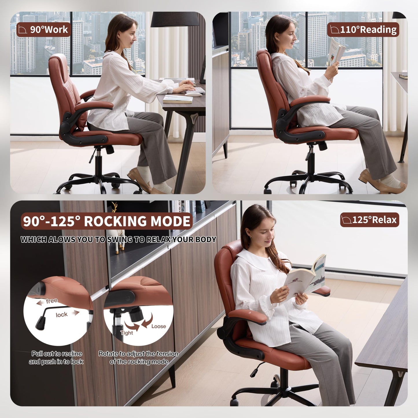 Nexthro Executive Office Chair PU,Leather Office Chair with Wheels,360° Swivel Rolling Chair with Padded Arms,Ergonomic Computer Chair with Lumbar Support for Short People Use(Brown)