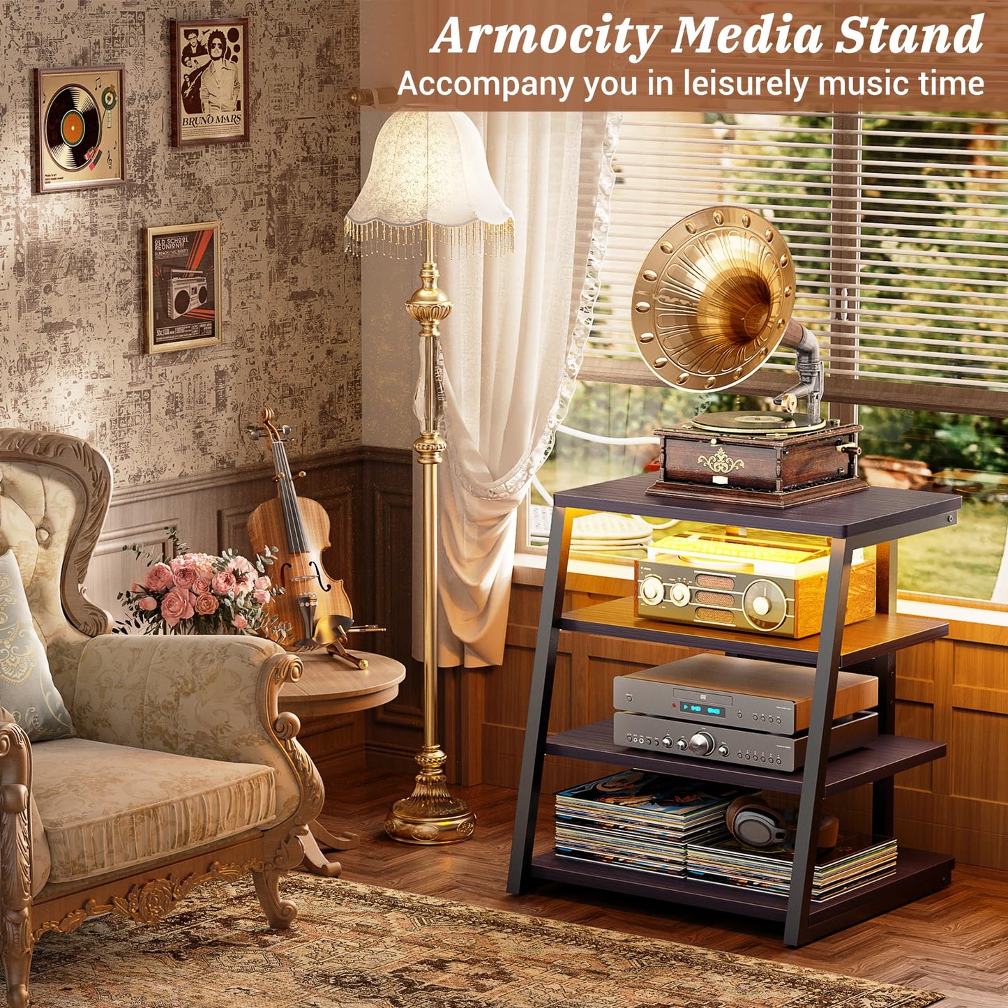 Armocity 4-Tier AV Media Stand with Power Strips, Stereo Stand with LED Lights, Rack Audio Tower with Adjustable Shelves, Small Entertainment Center, 30'', Black Ebony