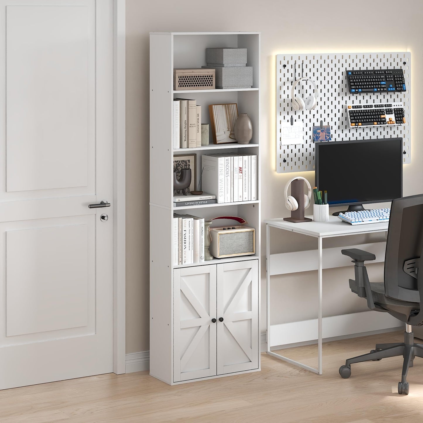 Furinno Jensen Book Shelf, 6-Tier Farmhouse Bookshelf, Display Bookcase with Doors, 9.2" x 21.6" x 71.2", for Organization and Storage, for Living Room, Bedroom, Home Office, White