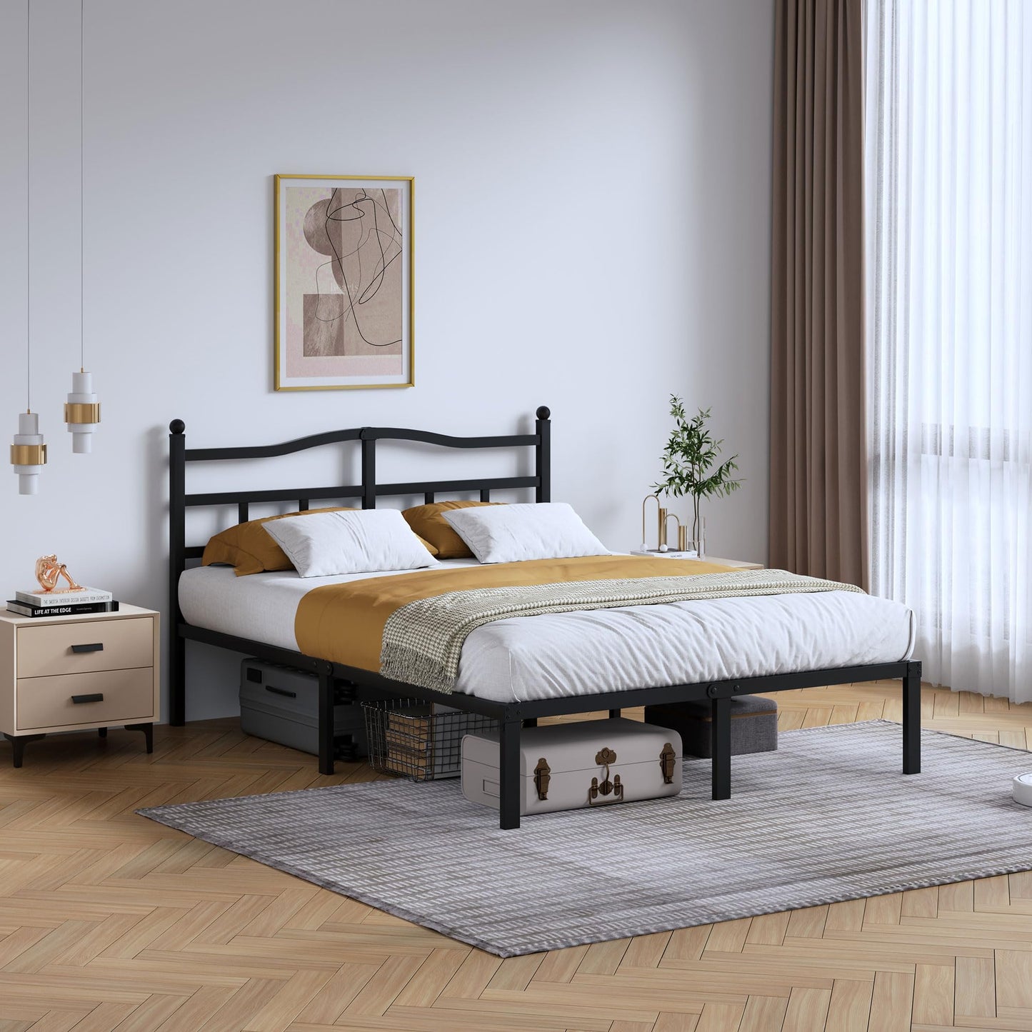 SHOANED 14 Inch Metal Bed Frame - Full Size Heavy Duty Bedframe with Headboard Black Basic Steel Slats Platform No Box Spring Needed/Easy Assembly/Noise Free