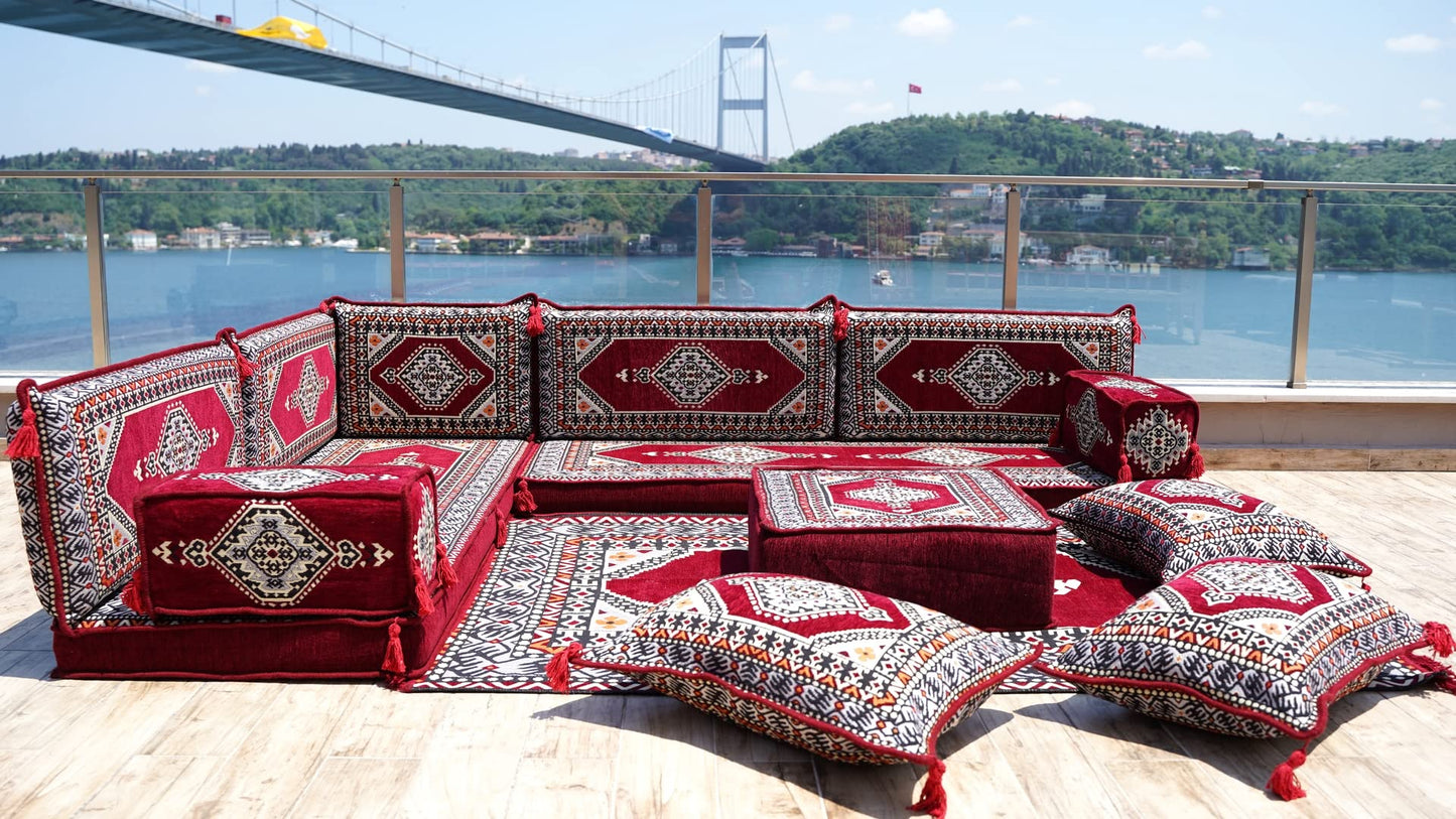 L Shaped Arabic Floor Cushions, Sectional Sofas, Arabic Majlis Set, Custom Made Sofa, Arabic Sofa Set, Seating Cushions (4'' Thickness Sofa, L Sofa Full Set, Burgundy)