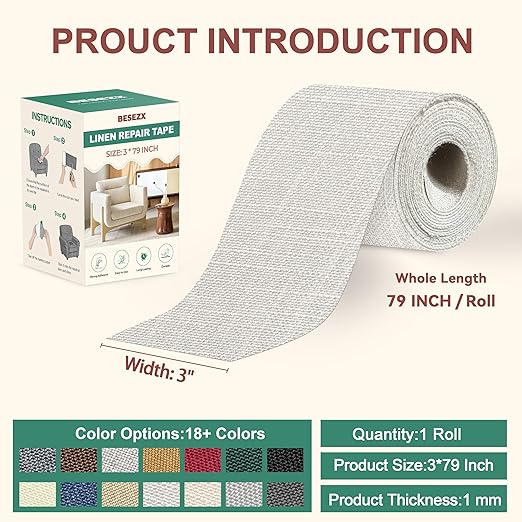 BESEZX Linen Fabric Repair Tape, 3x79 Inch Self Adhesive Repair Patches