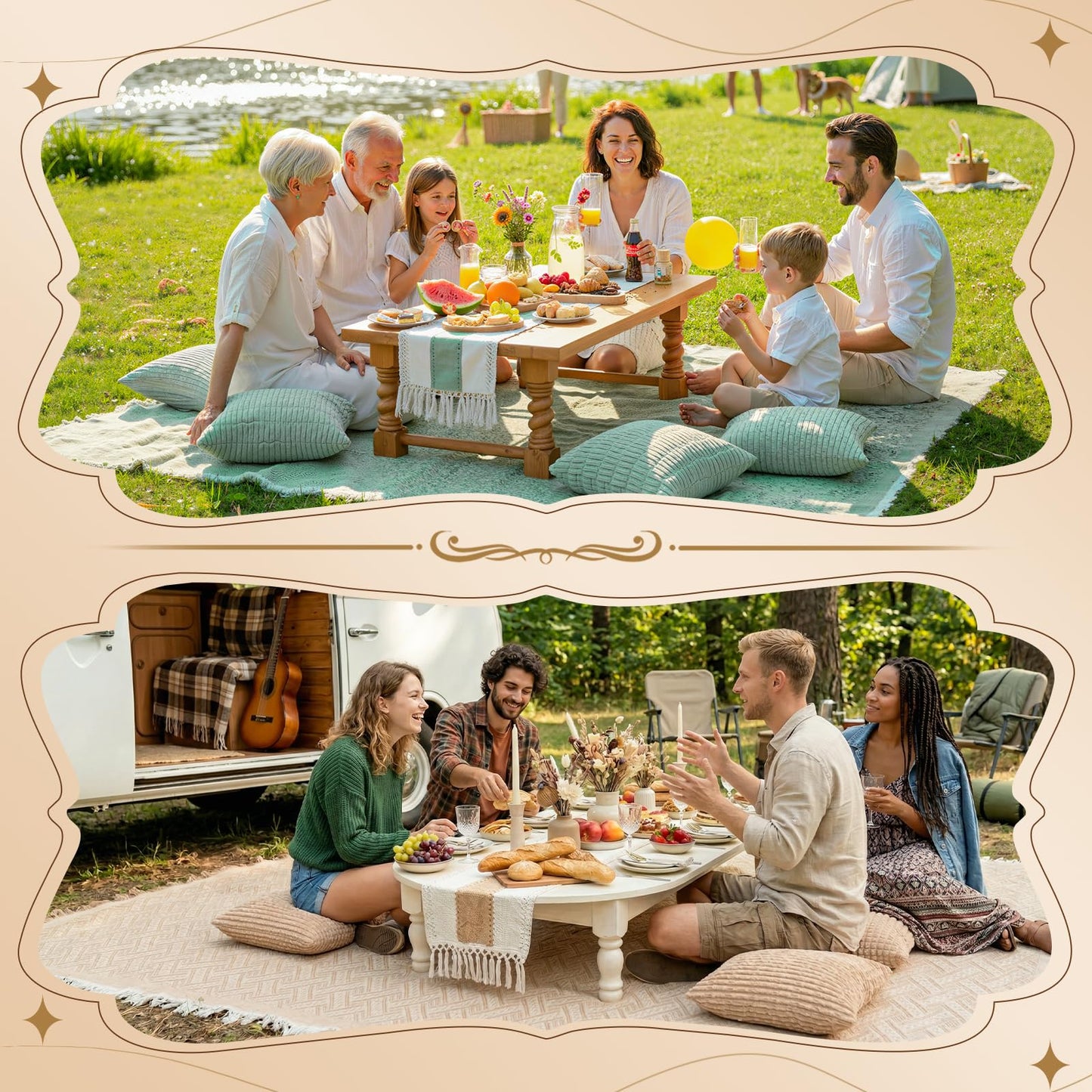 Extra Large Outdoor Rug Boho Picnic Blanket with Low Table Runner and 6 Throw Pillows Covers Set Wedding Party Decoration Photoshoot Home Garden Party Decor Patio Lawn Mat Beach Party theme Supplies