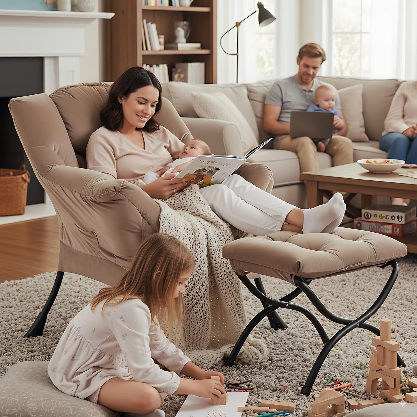 Givjoy Lazy Chair and Ottoman, Large Velvet Brown Accent Chair with a Side Pocket, Modern Leisure Upholstered Sofa Reading Armchair with Footrest for Office, Bedroom, Living Room, Dorm Rooms, Balcony