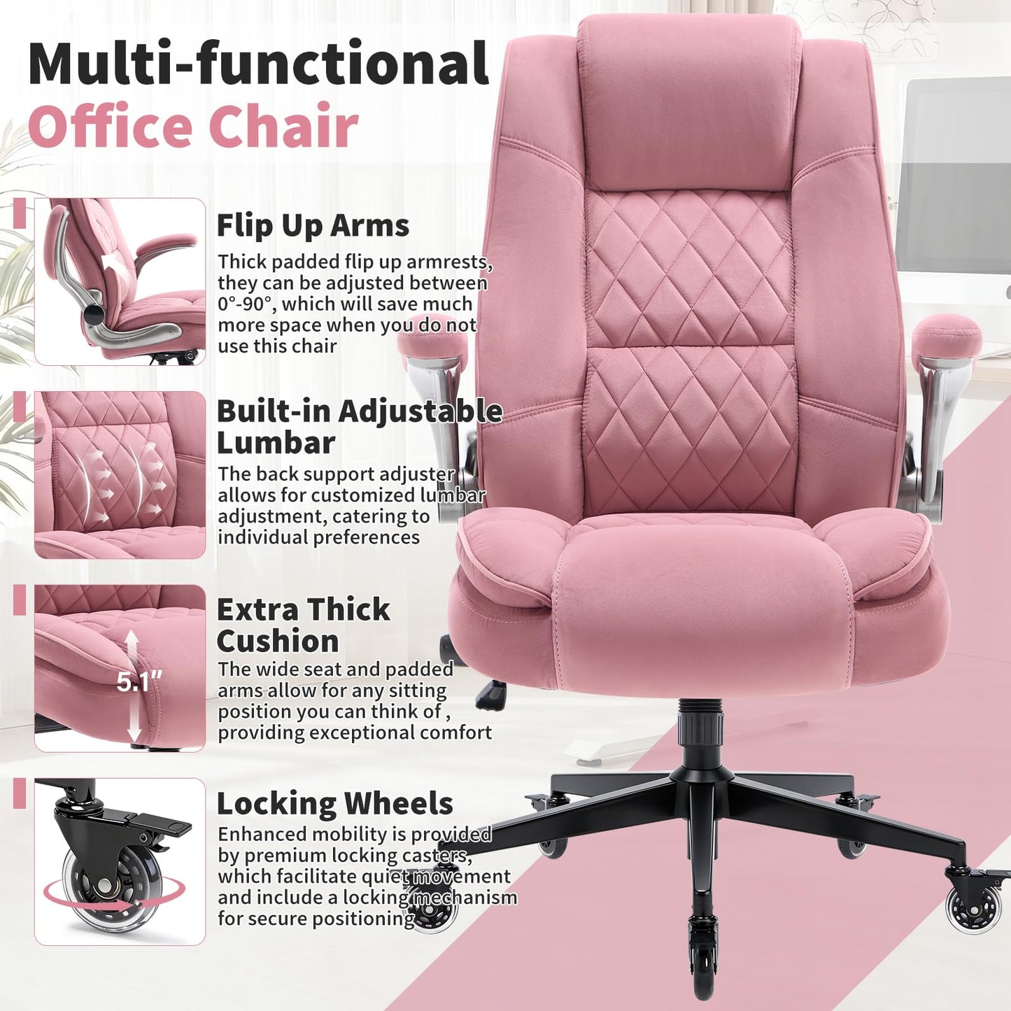 Fabric High Back Office Chair with Lockable Quiet Casters, Thick Padded Ergonomic Computer Chair- Adjustable Lumbar Support & Flip-Up Arms, Wide Executive Desk Chair for Back Pain, 400LBS Capacity