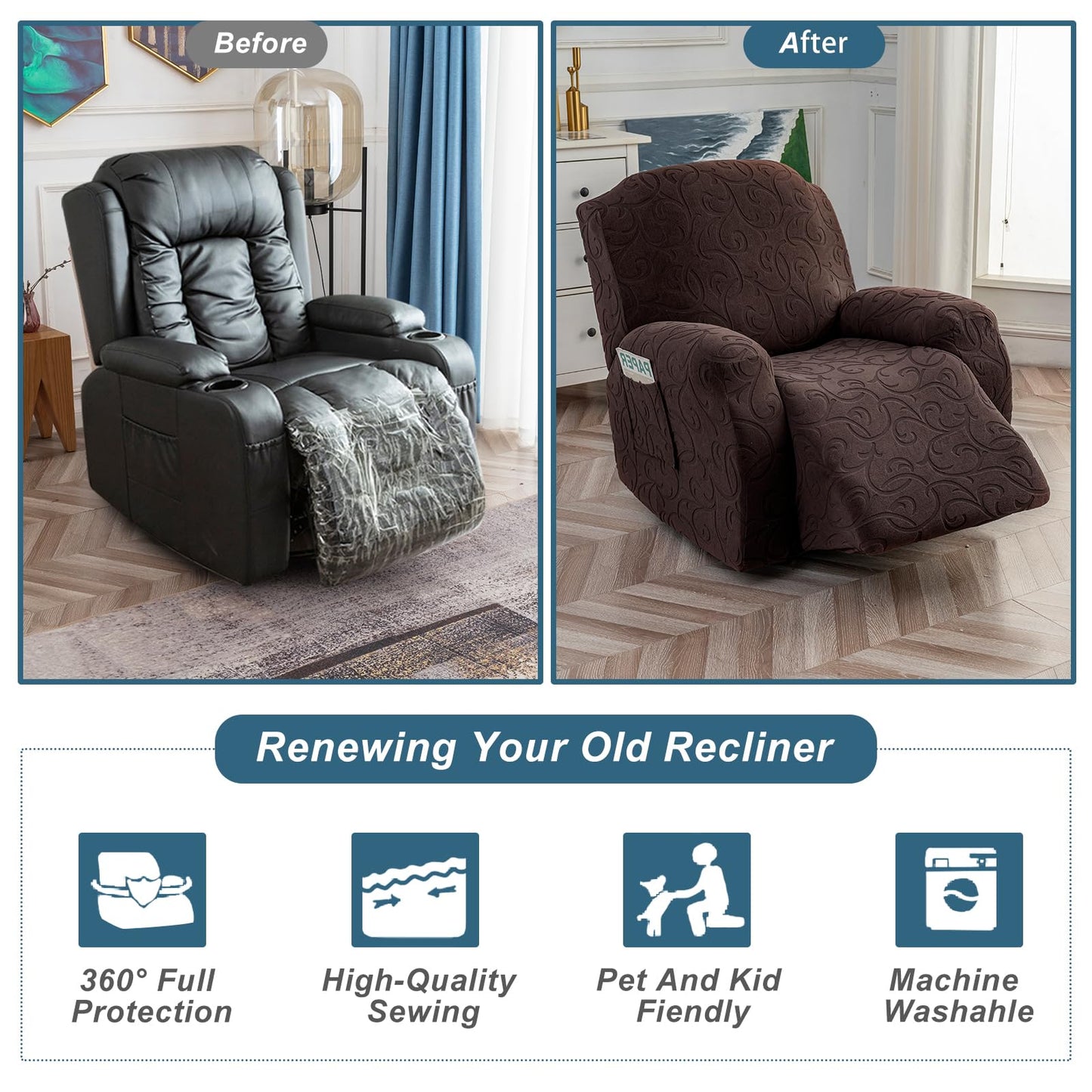 YUEANG 4 Pieces Recliner Cover Stretch Sofa Slipcover, Sofa Couch Cover for Reclining Couch 1 Seat, Washable Furniture Protector with Elastic Bottom for Kids, Dog