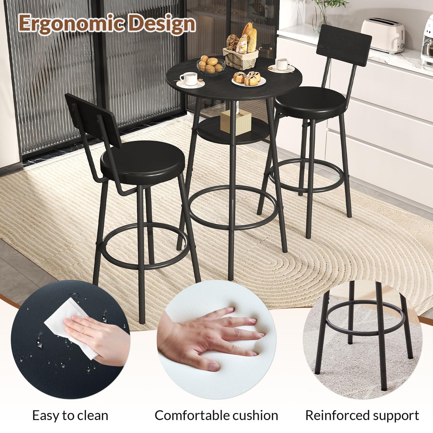 Zevemomo 3 Pieces Round Bar Table Set, Small Dining Table for 2, Black Kitchen Bar Table, Breakfast Table with Storage, 2 Thickened Cushion Stools with Backrest for Dining Room & Bistro-Black