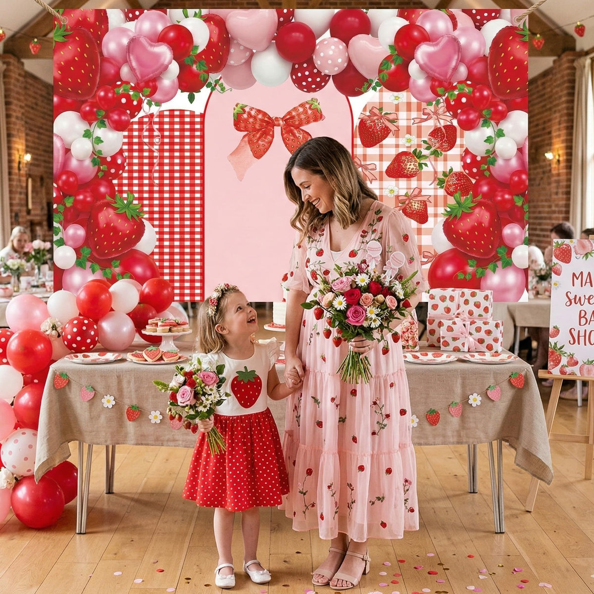Strawberry Backdrop Berry Birthday Decorations - Strawberry Shortcake Backdrop Cover Pink Red Balloon for Birthday Party Supplies Baby Shower Gender Reveal Wedding Photography Photography 71x43 Inch