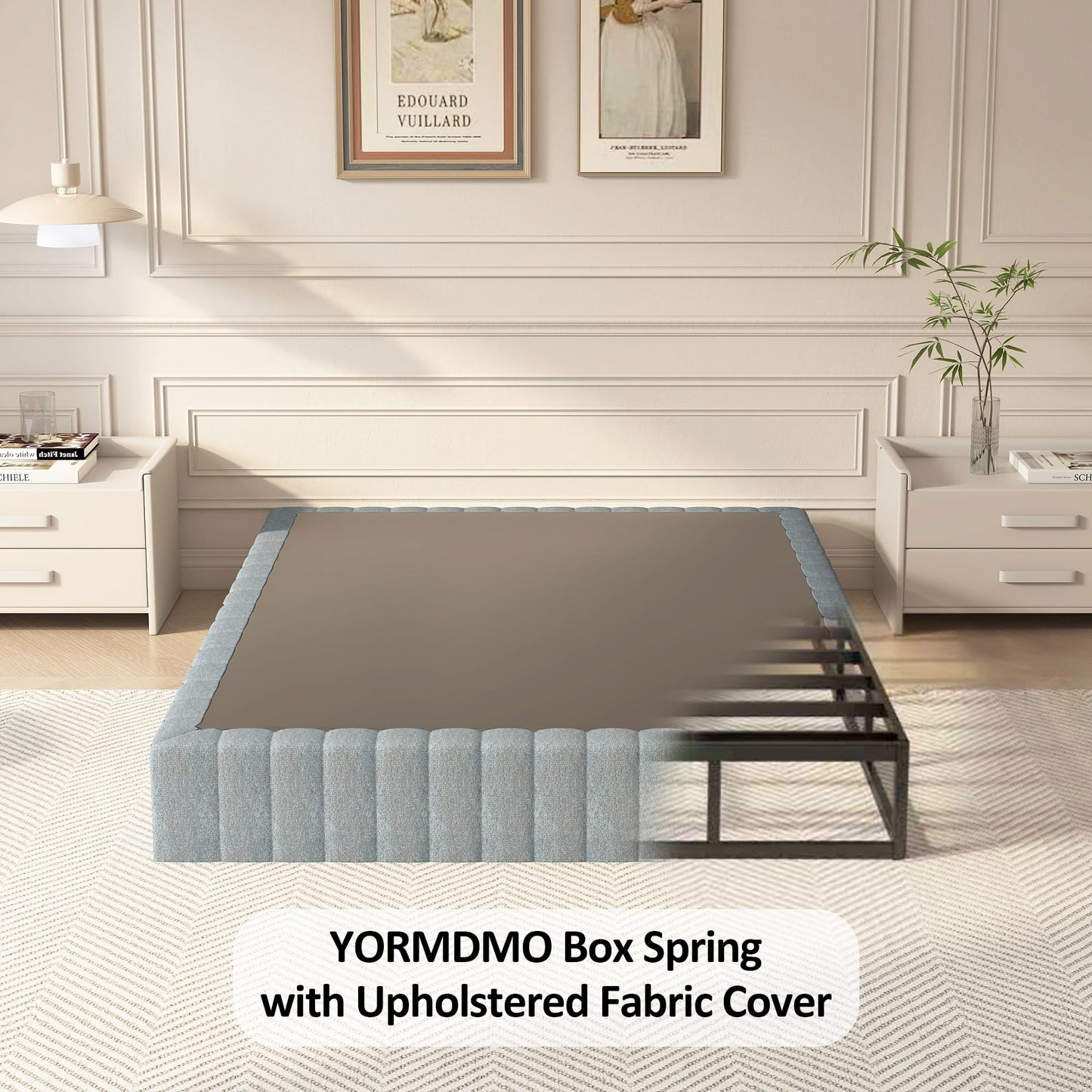 YORMDMO Metal Box Spring with Upholstered Fabric Cover, 9 Inch High Profile Heavy Duty Box Springs, Black Bed Base Non Slip Mattress Foundation, Full Size