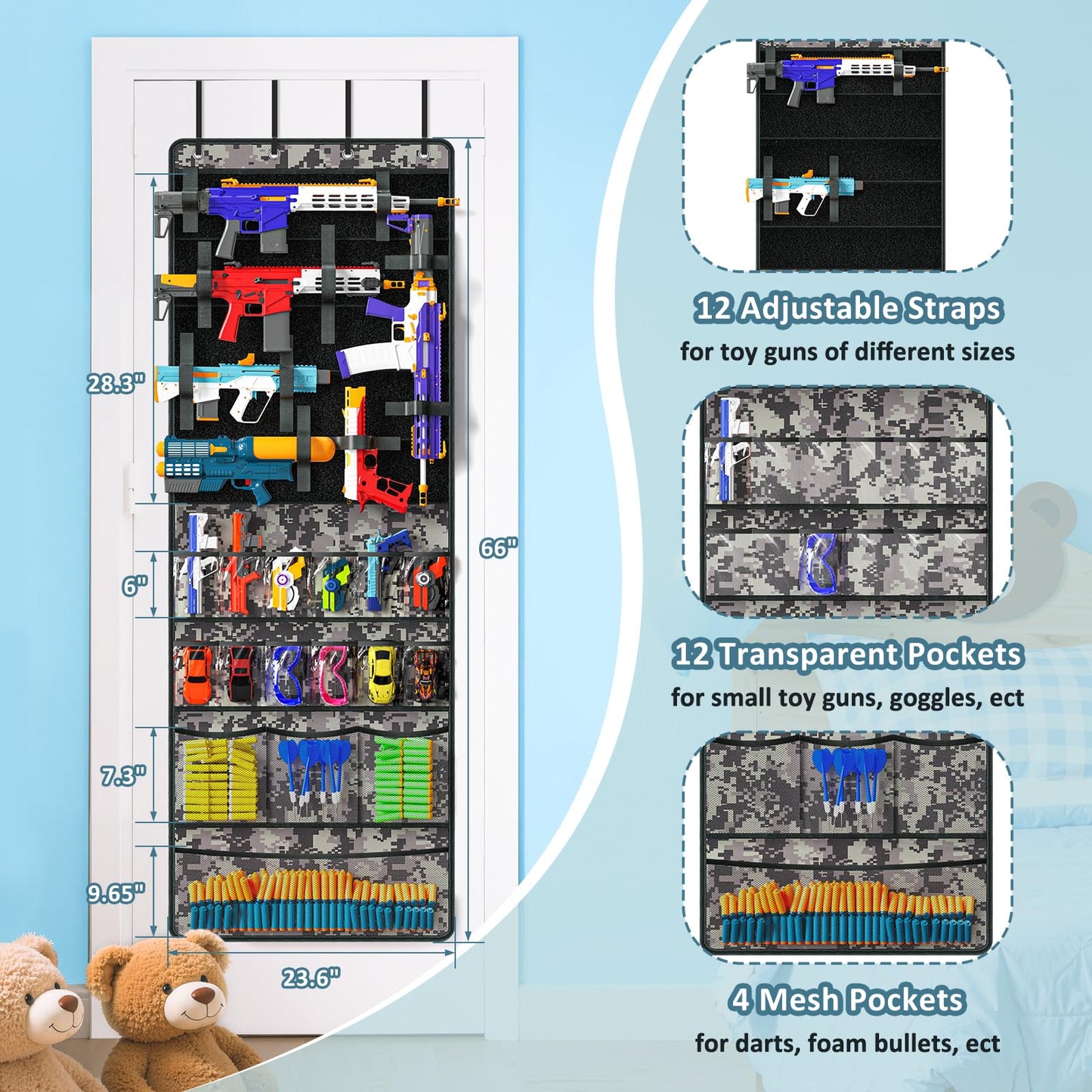 Over The Door Organizer for Toy Guns, Toys Organizer with Pockets, Hook&Loop Straps for Foam Blasters, Darts, Goggles, Hanging Toys Gun Storage for Kid Rooms, Play rooms, Grey Camouflage