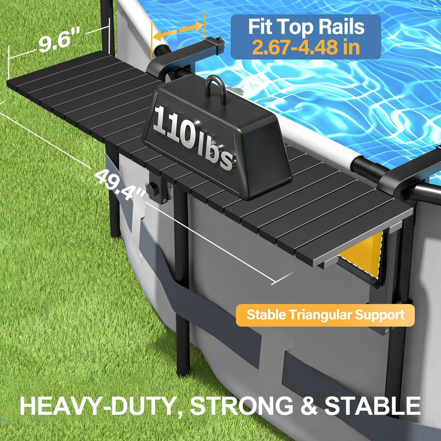 CHENG RONG Swim Up Bar Table for Above Ground Pools - 49.4"×9.6" Galvanized Iron Black Pool Shelf, Holds 110lbs, Fits Top Rails of 4.48" or Less, for Round/Oval/Frame Swimming Pools