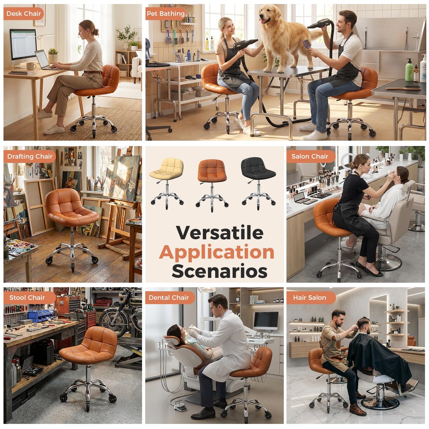 Rolling Stool Chair with Wheels, Height Adjustable Stool with Back Support, Office Drafting Chair with PU Leather Cushion for Home Office Kitchen Vanity Salon Garage Tattoo Dentist Esthetician(Camel)