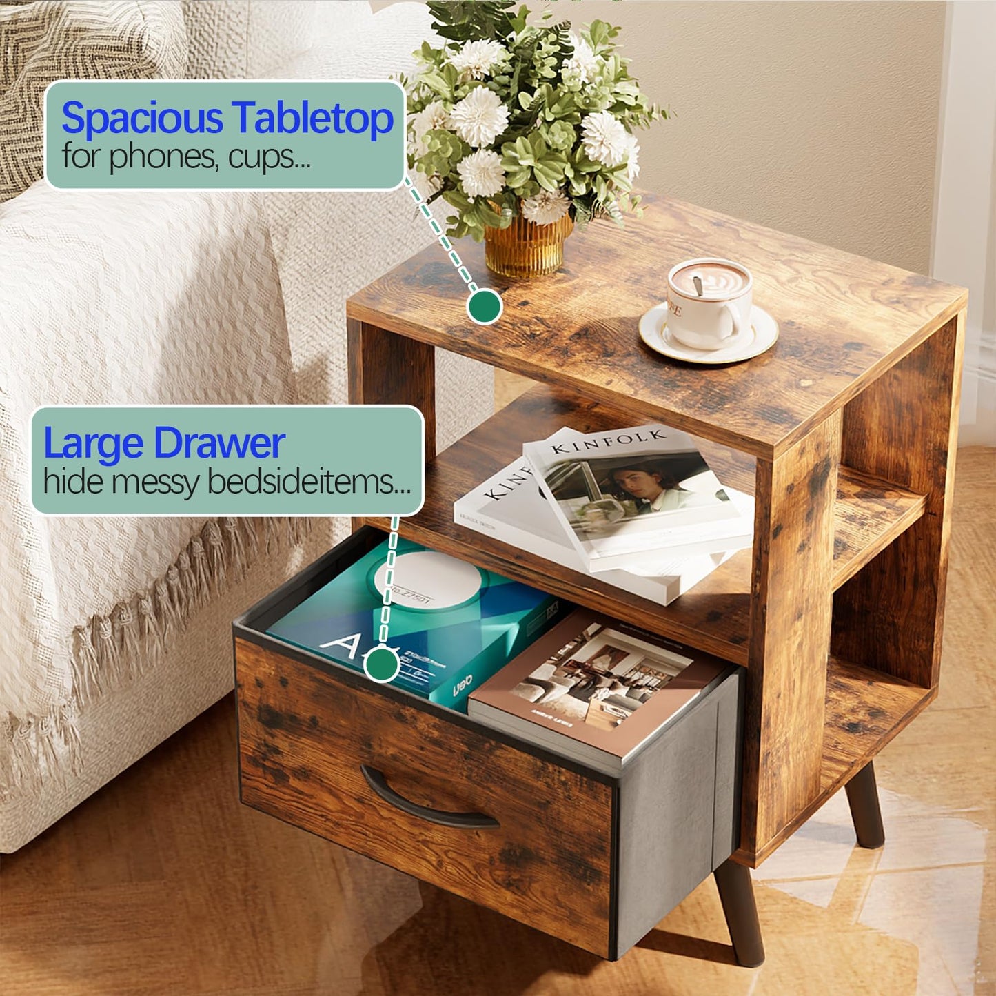 Aenuert Night Stand, Brown Nightstand with Drawer, Side Table with Open Storage, 2-Tier Modern End Table, Bedside Table for Small Space, Living Room, Bedroom