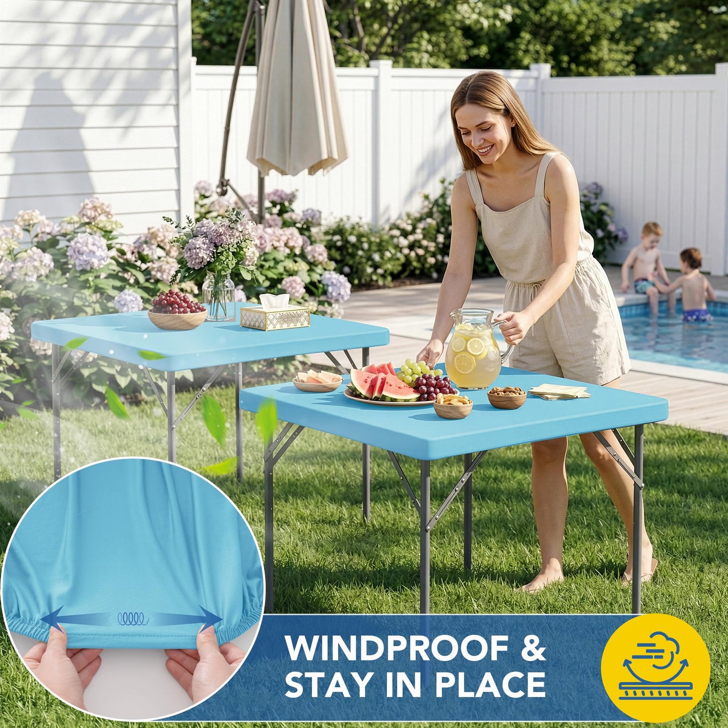 Enjoyidea Square Fitted Tablecloth 34x34 Inch-2 Pack Light Blue Card Elastic Spandex Table Cover-Small Stretch Folding Table Cloths Topper Cap for Kitchen Dining Picnic Patio Outdoor Party Tables