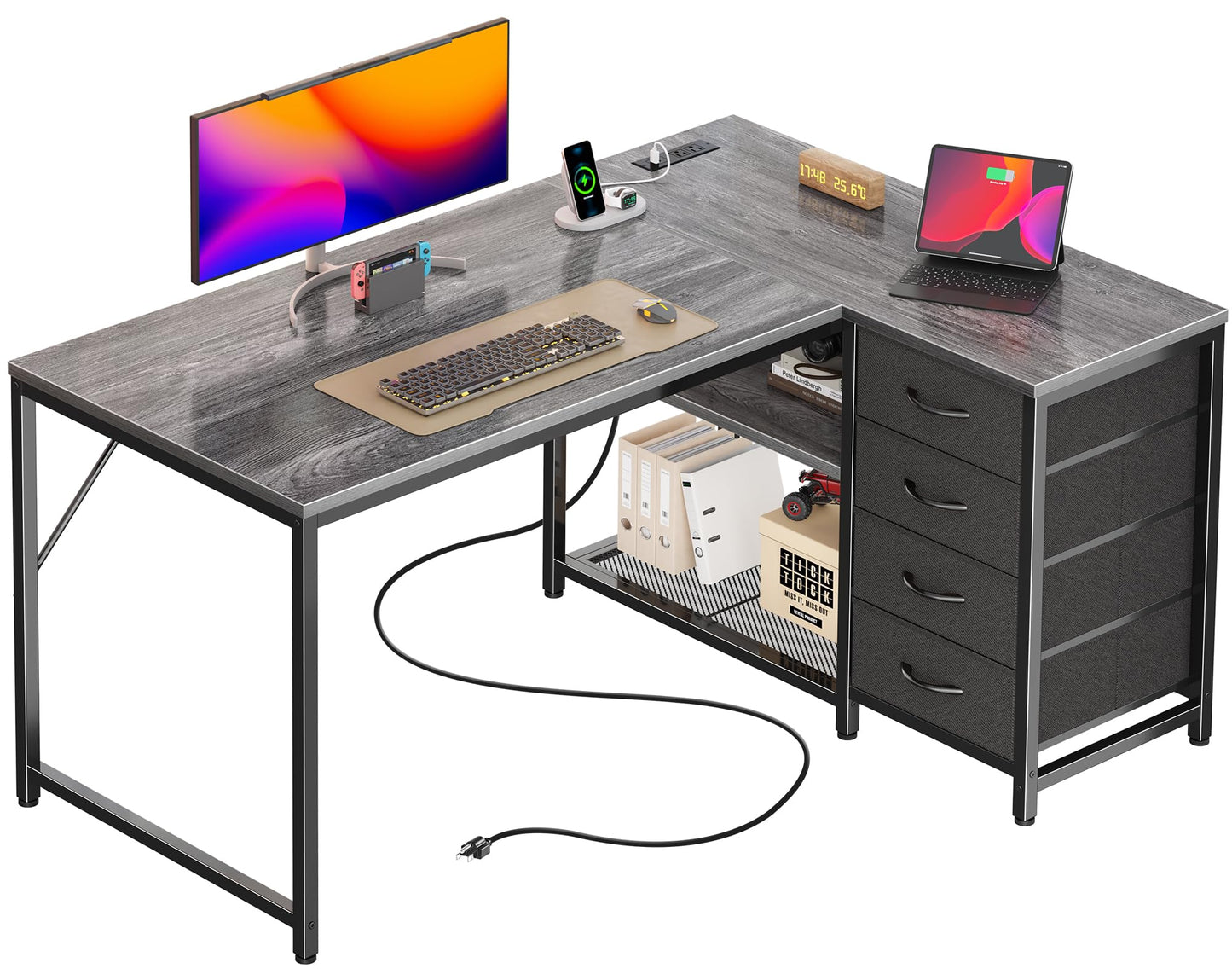 PRAISUN 43.3" Small Computer Desk with Power Outlets and USB-C Port, Reversible L Shaped Corner Office Desk with 4 Fabric Drawers and 2 Height-Adjustable Shelves, for Gaming Writing, Grey