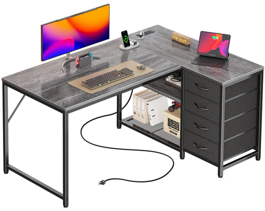 PRAISUN 43.3" Small Computer Desk with Power Outlets and USB-C Port, Reversible L Shaped Corner Office Desk with 4 Fabric Drawers and 2 Height-Adjustable Shelves, for Gaming Writing, Grey