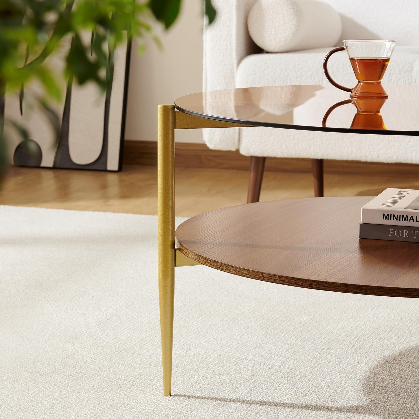 Pine Flicker Round Coffee Table, Mid-Century Modern Design, D30*H17 inch, for Living Room, 2-Tier Structure, Amber Glass Top and Walnut Wood Shelf, Sleek Conical Metal Legs with Gold Finish