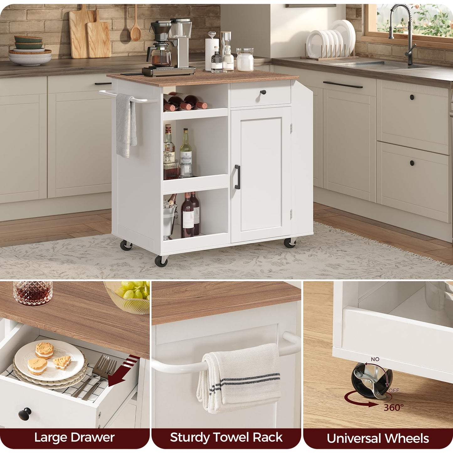MAHANCRIS Kitchen Island with Power Outlet, Kitchen Storage Island with Drawer, Rolling Kitchen Cart on Wheels, Spice Rack, Towel Rack, Wine Rack, for Dining Room, White and Walnut KIBZ122E01
