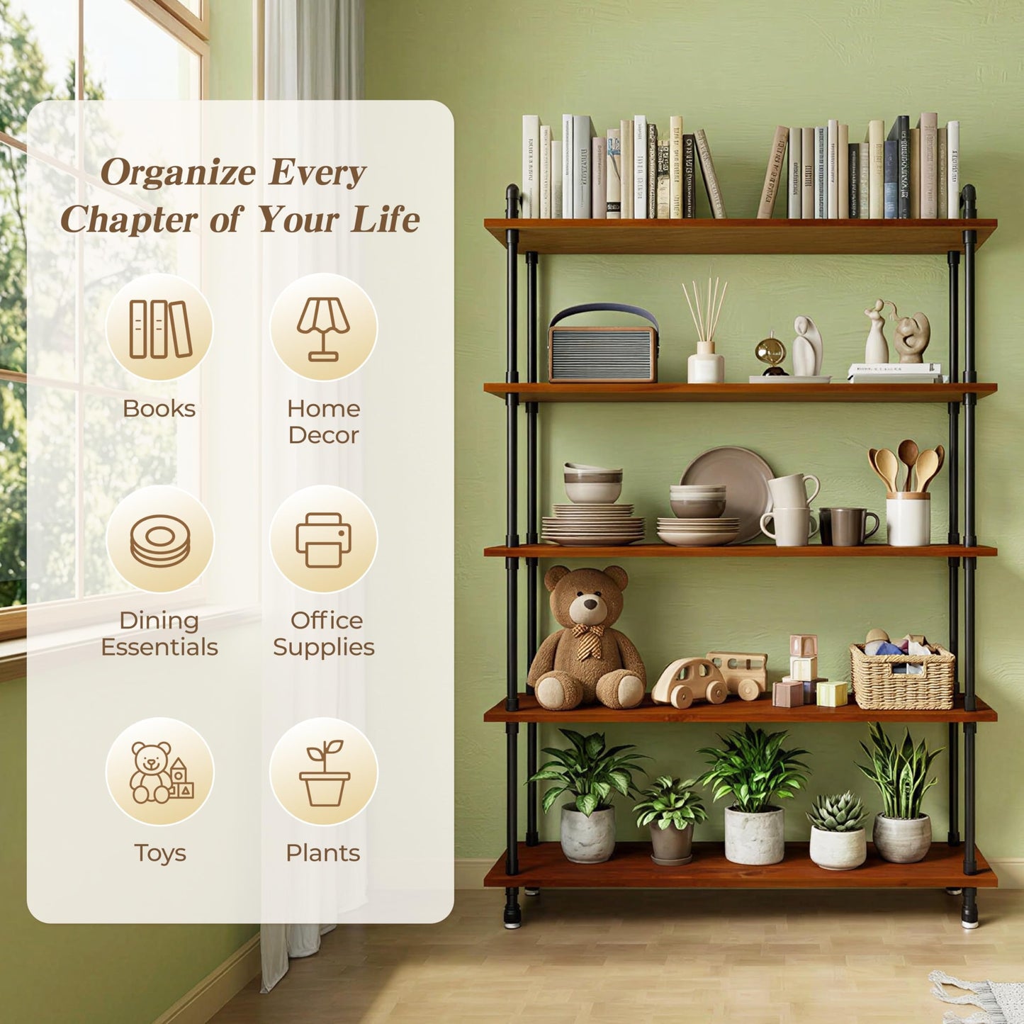 Anynice Industrial Bookshelf, Rustic Open Bookcase, 5 Tier Wood and Metal Bookshelf, Solid Pine Wood and Iron Pipe Tall Narrow Storage Shelf for Living Room Bedroom Office Kitchen