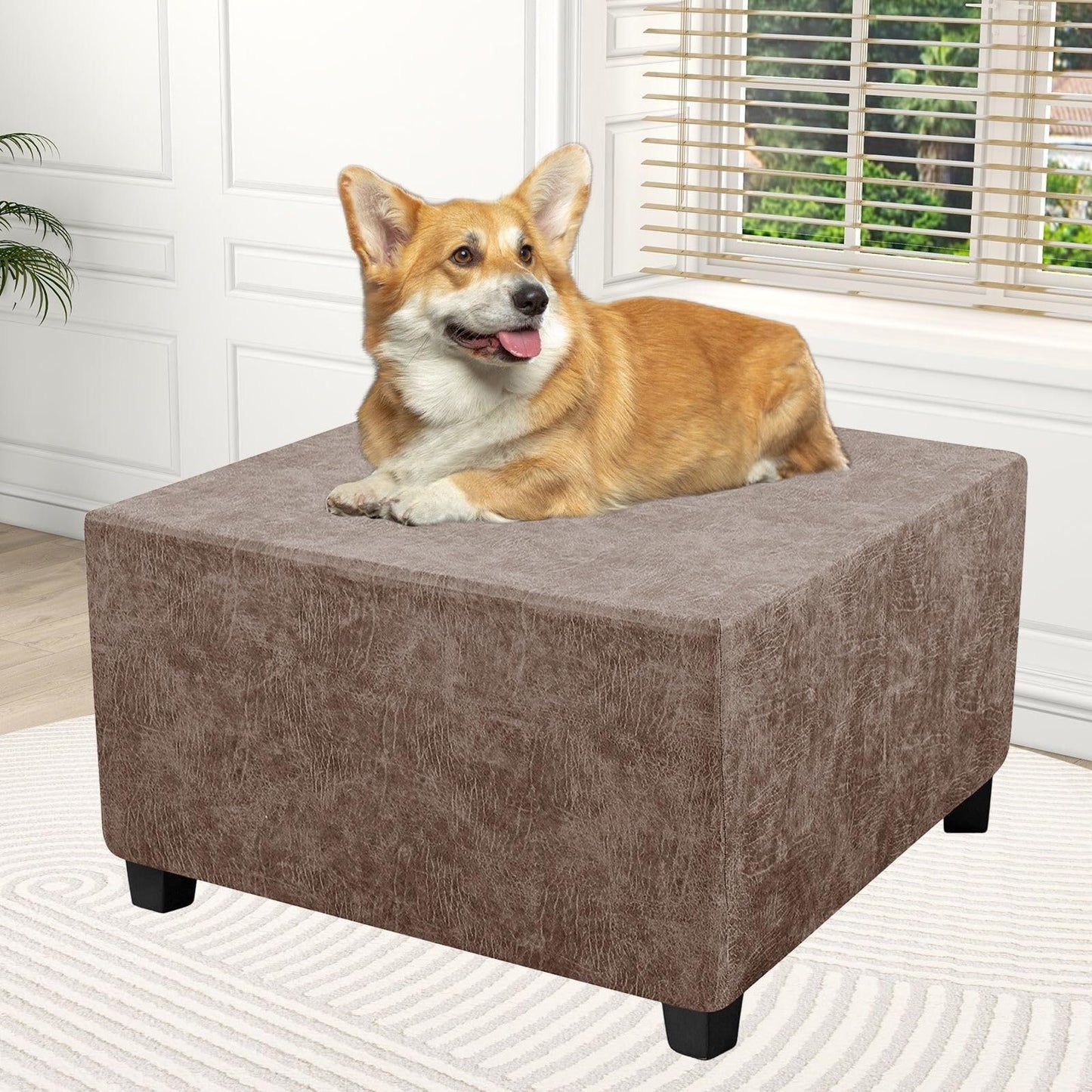 HYGPP Faux Leather Ottoman Cover Rectangle Ottoman Slipcover Waterproof Storage Ottoman Cover Stretch Non Slip Living Room Furniture Protector-Brown-Large(Camel,Large)