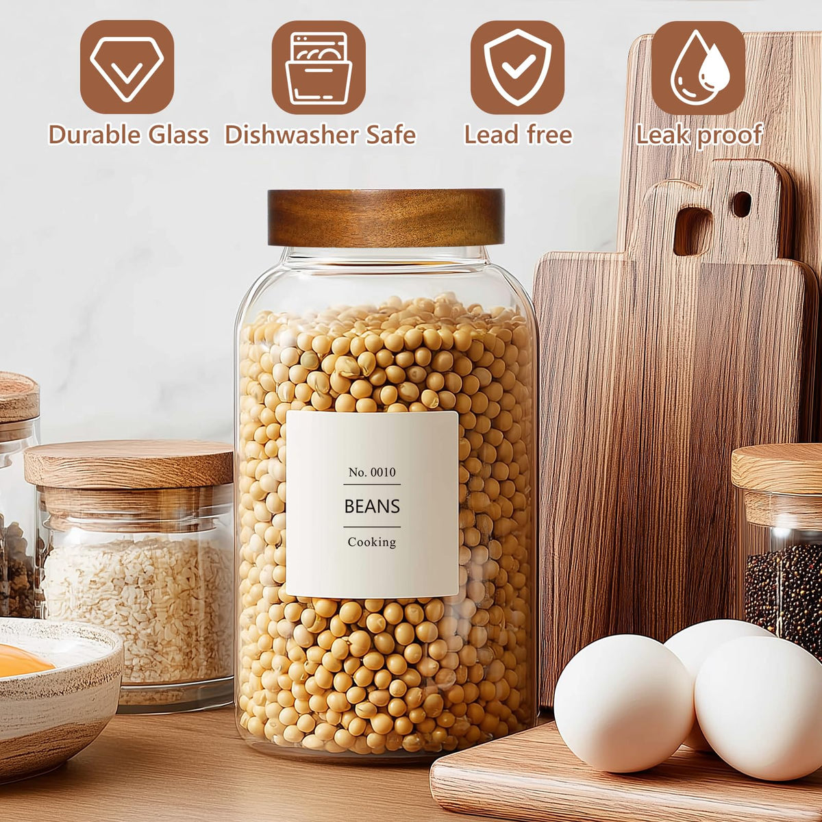 KEYWING 88oz Large Glass Jars with Airtight Acacia Wood Lids, Set of 3 Food Storage Containers for Flour, Sugar, Rice, Pasta, Cereal, Cookies – Includes 126 Labels