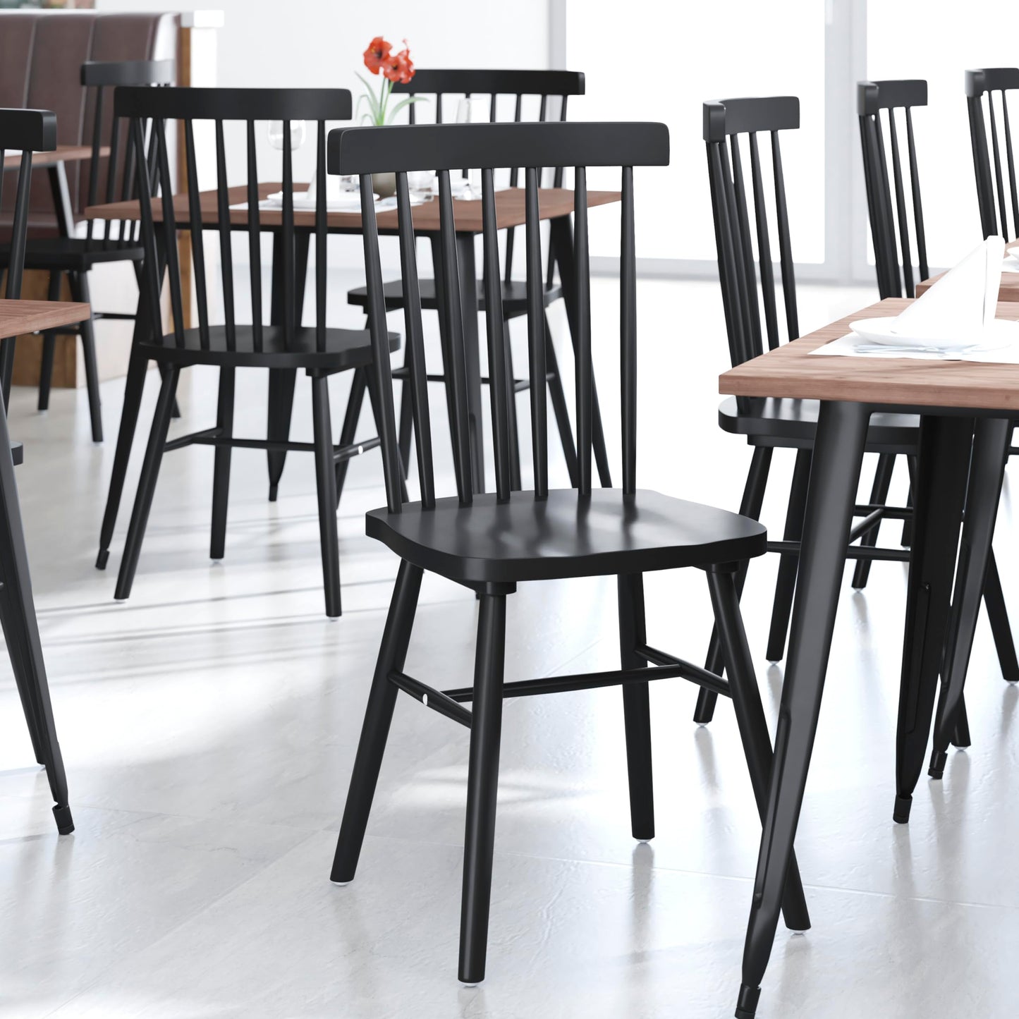 Flash Furniture Ingrid Commercial Windsor Solid Wood Dining Room Chairs, Modern Armless Dining Chairs for Kitchens and Restaurants, Set of 2, Black