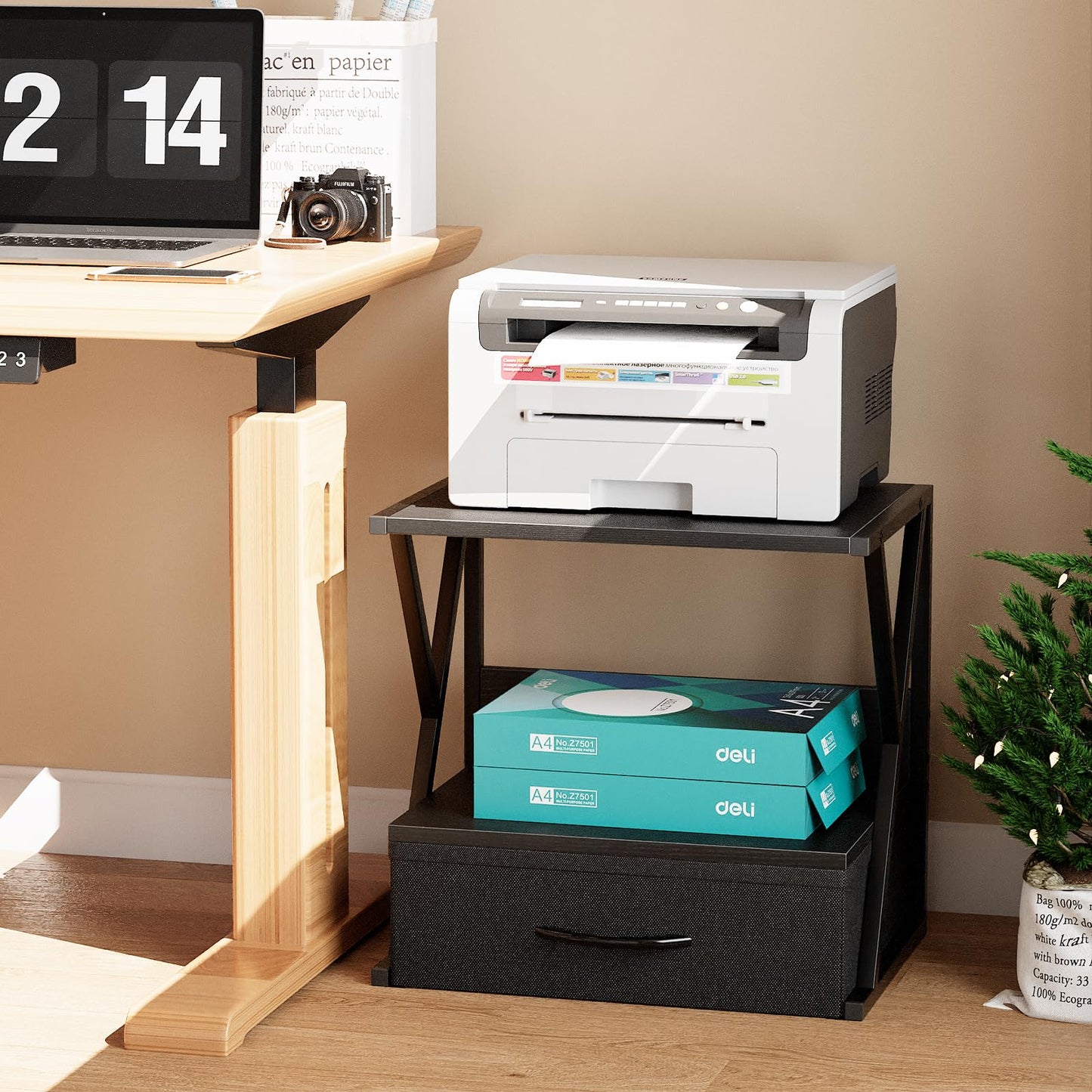 aboxoo Printer Stand for Desk with Storage Drawer, 2 Tier Desktop Or Under Desk Shelf, Multi-Purpose Desks Organizer for Home Office, fit Fax Machine/3D Printer/Scanner, Black